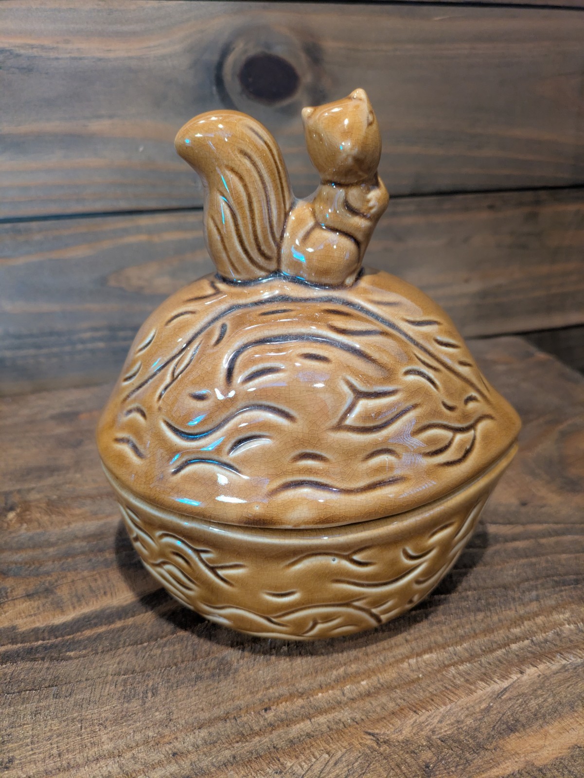 Vintage Squirrel on a Walnut Candy Trinket Dish With Lid