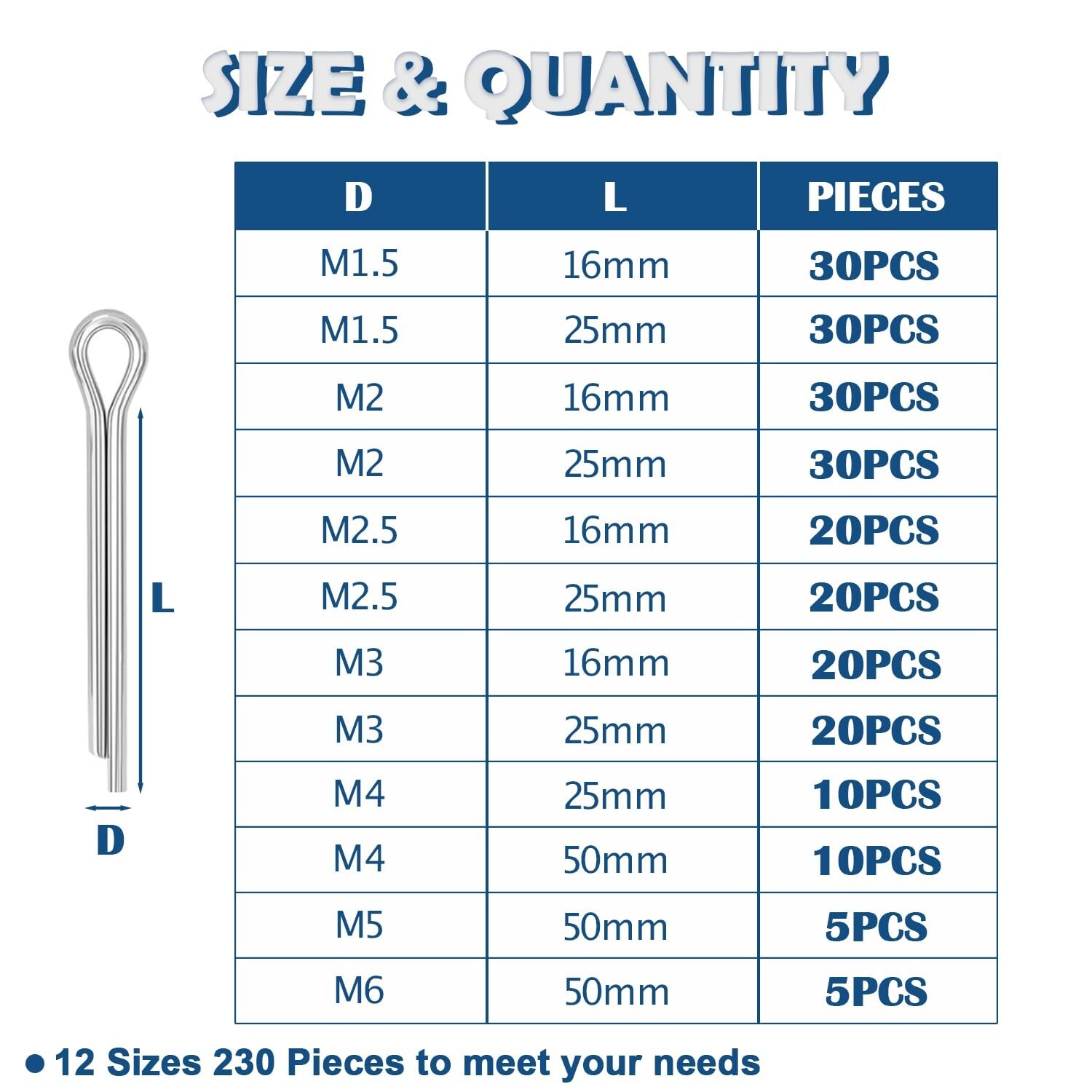 230PCS Cotter Pins Assortment Kit 304 Stainless Steel Split Pin.12 Sizes NEW