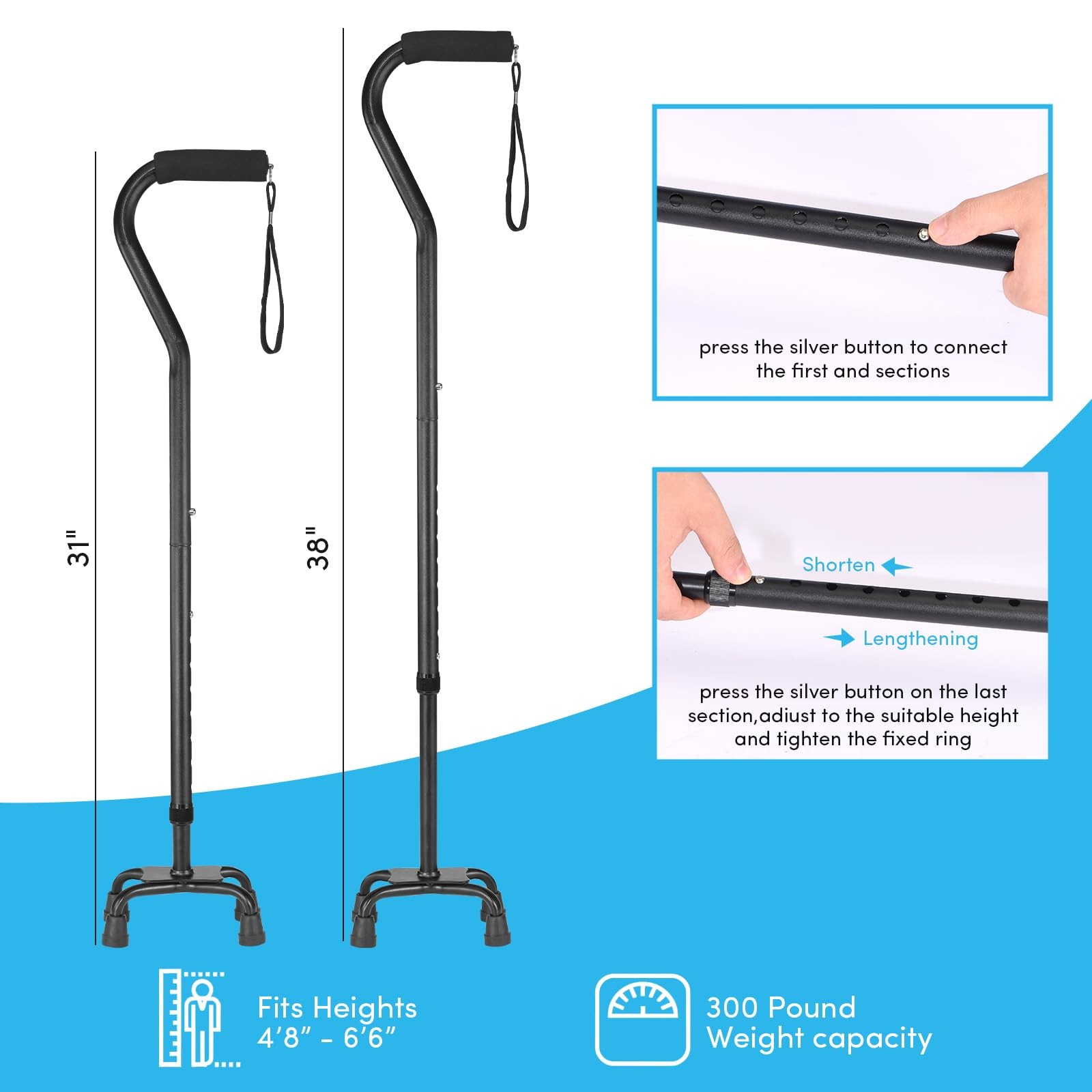 Adjustable Walking Cane, 4-Prong Base, Foldable, Foam Offset Handle, 3 Tips