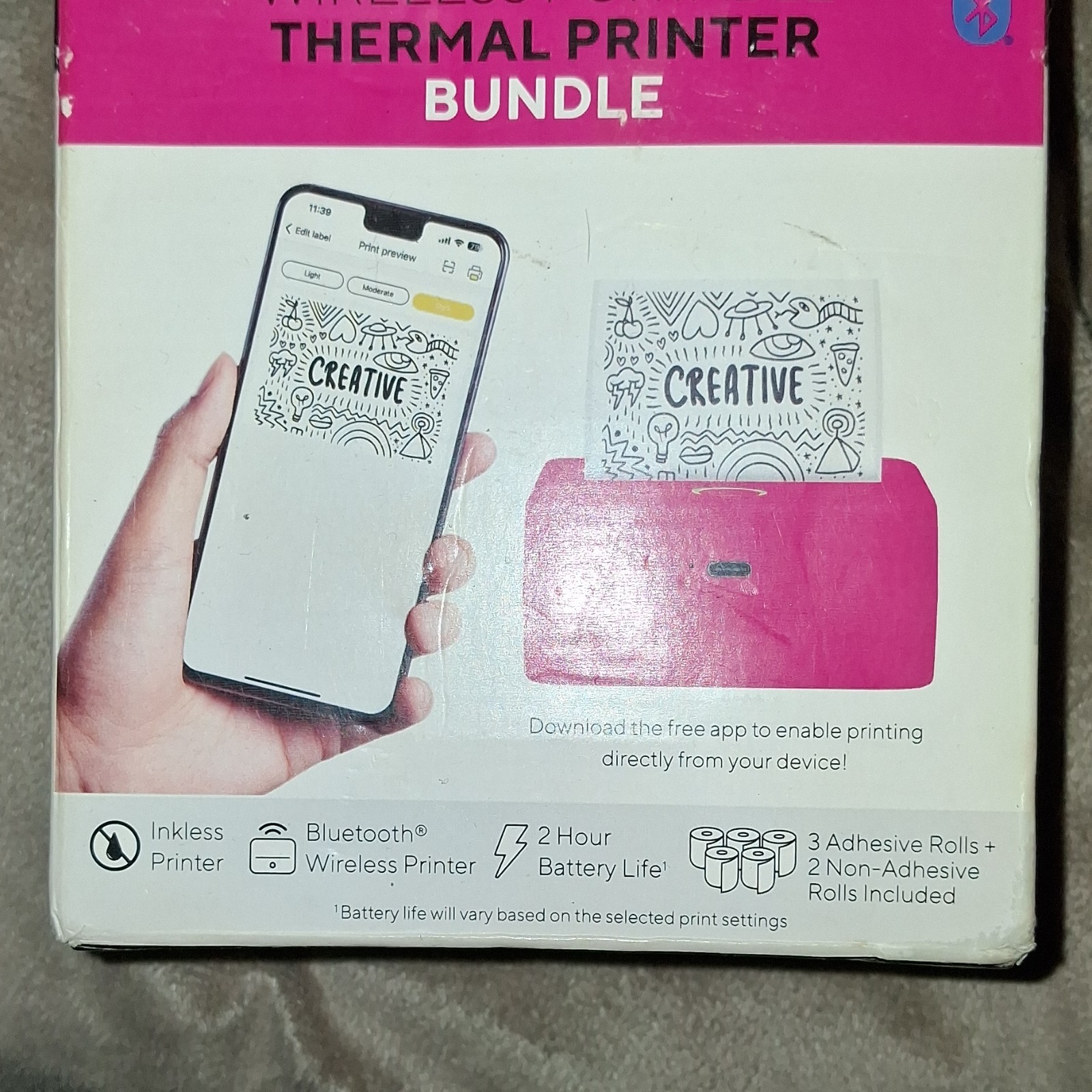 Wireless Bluetooth Thermal Printer Bundle, 200 DPI, 1200mAh, USB-C, Pink, 5 Rol…