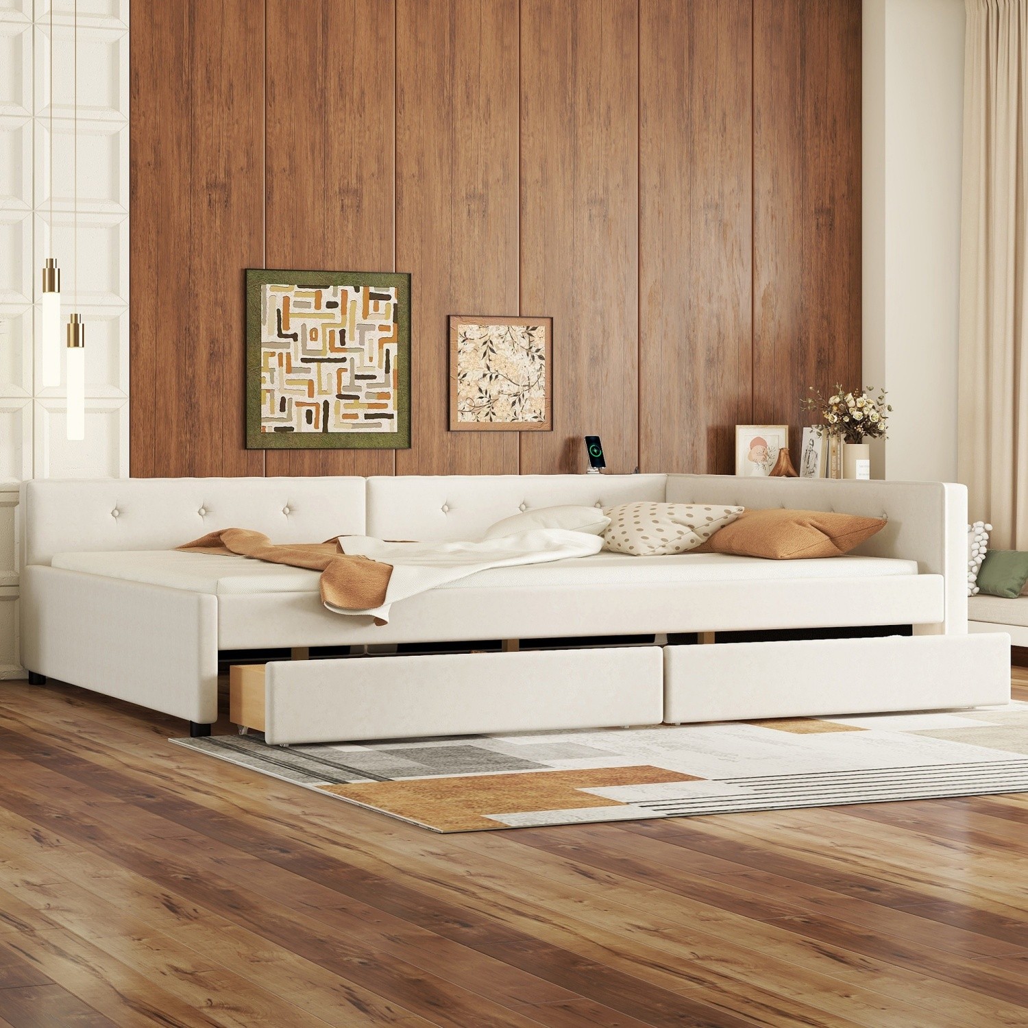 Full/Queen Size Daybed Upholstered Bed Frame Sofa Bed with USB Ports & 2 Drawers
