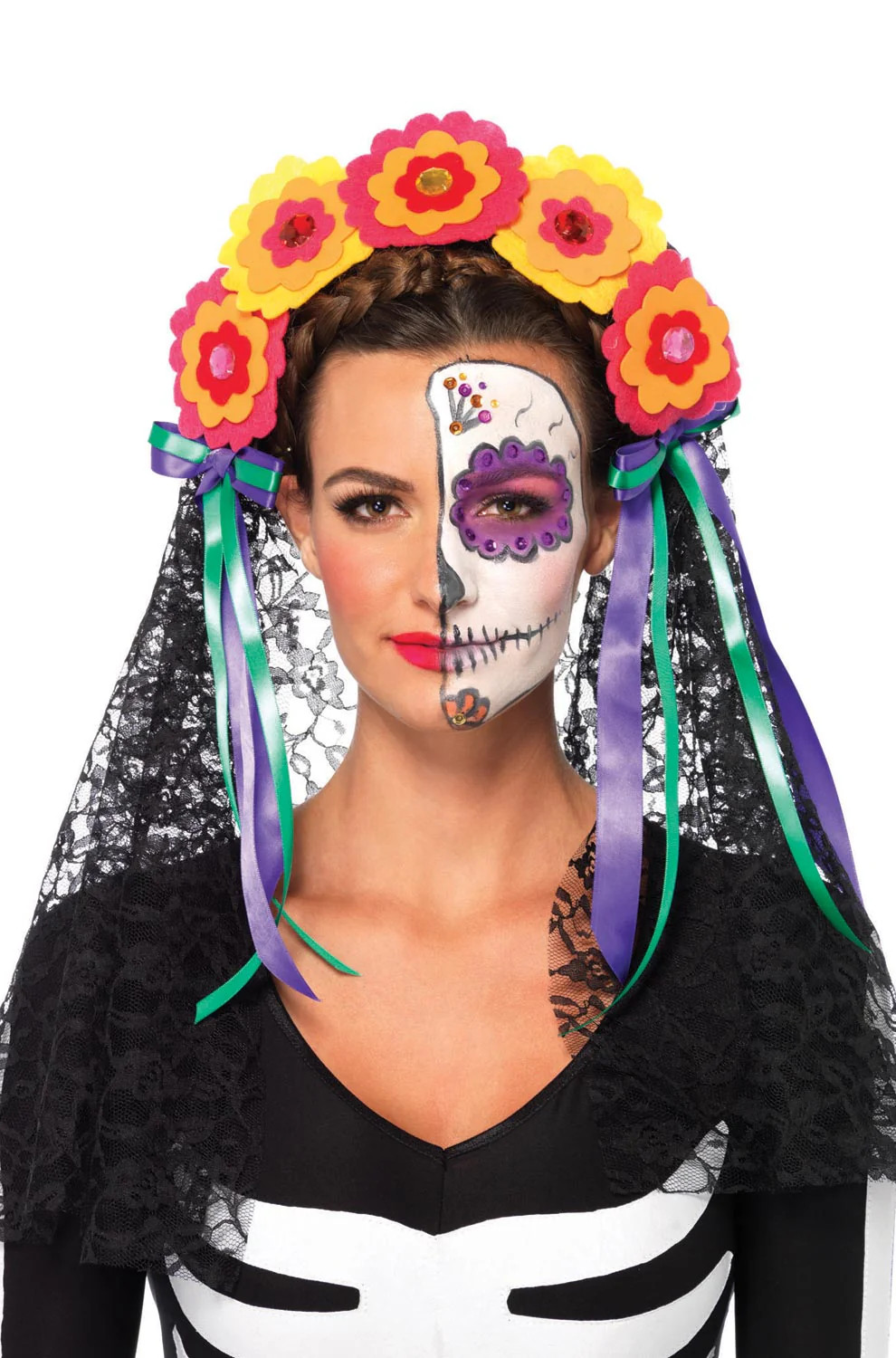 Brand New Day of the Dead Flower Headband with Lace Veil