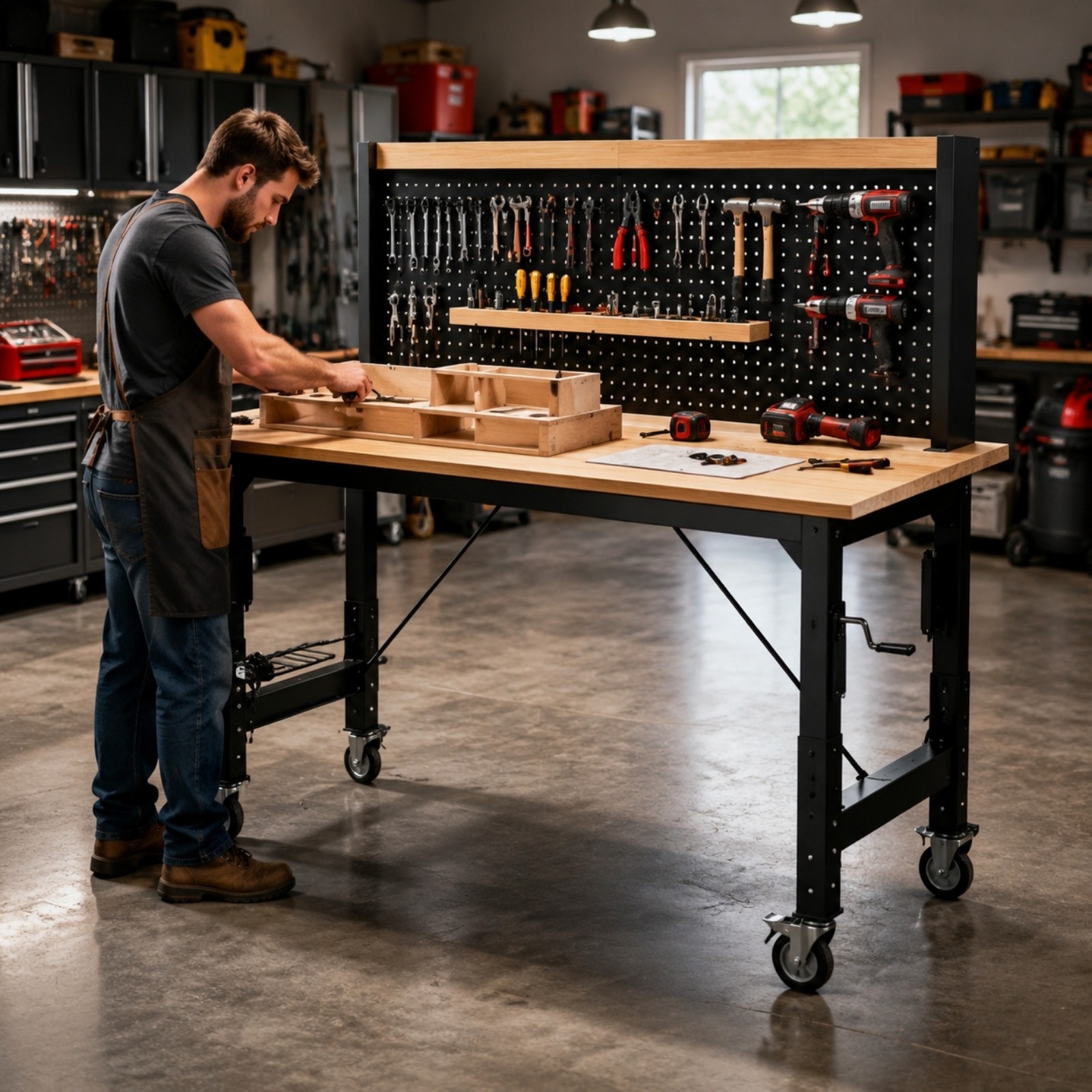 71" Heavy Duty Adjustable Workbench with Pegboard 2000lb Power Outlets Wheels