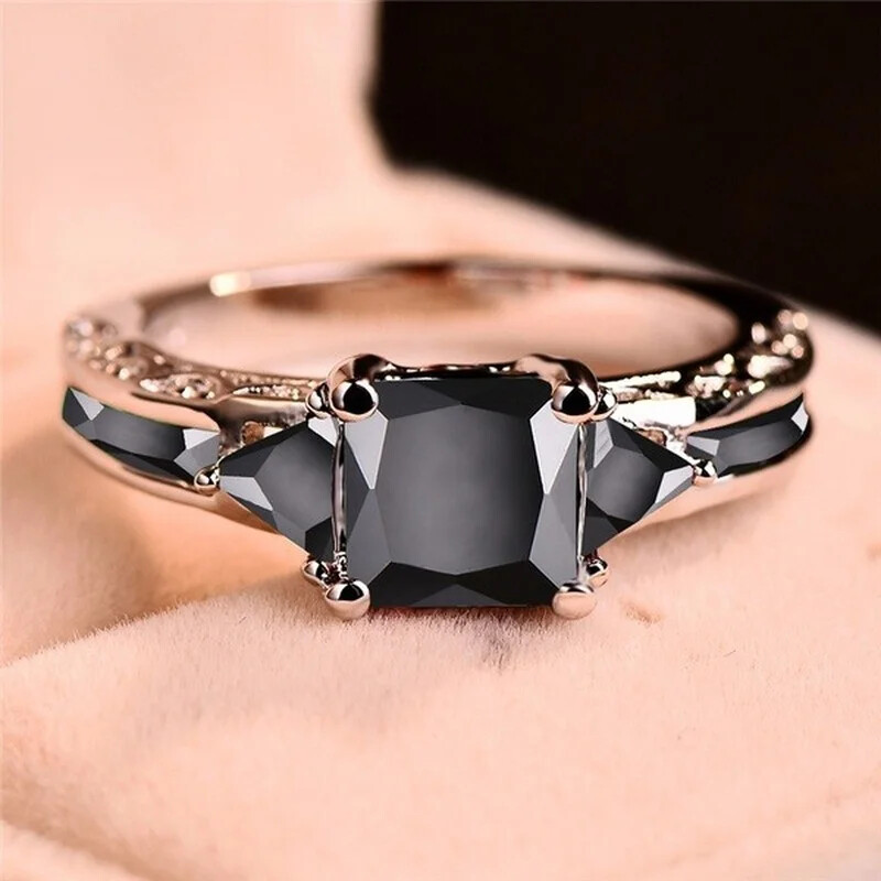 Zircon Ring Elegant Style for Women Silver Tone Black Princess Cut Wedding Look