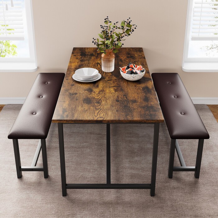 Dining Table Set with Two Upholstered Benches Kitchen Table Set for 4 Persons