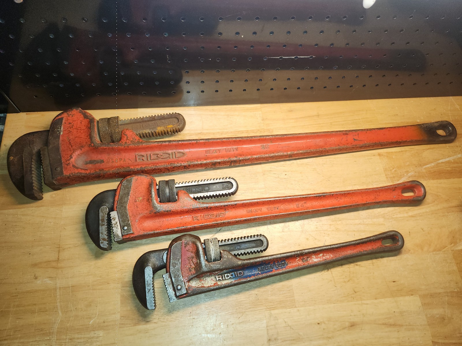 Set of 3 RIDGID Straight Pipe Wrenches 36", 24", & 18" Heavy Duty USA Tools Used