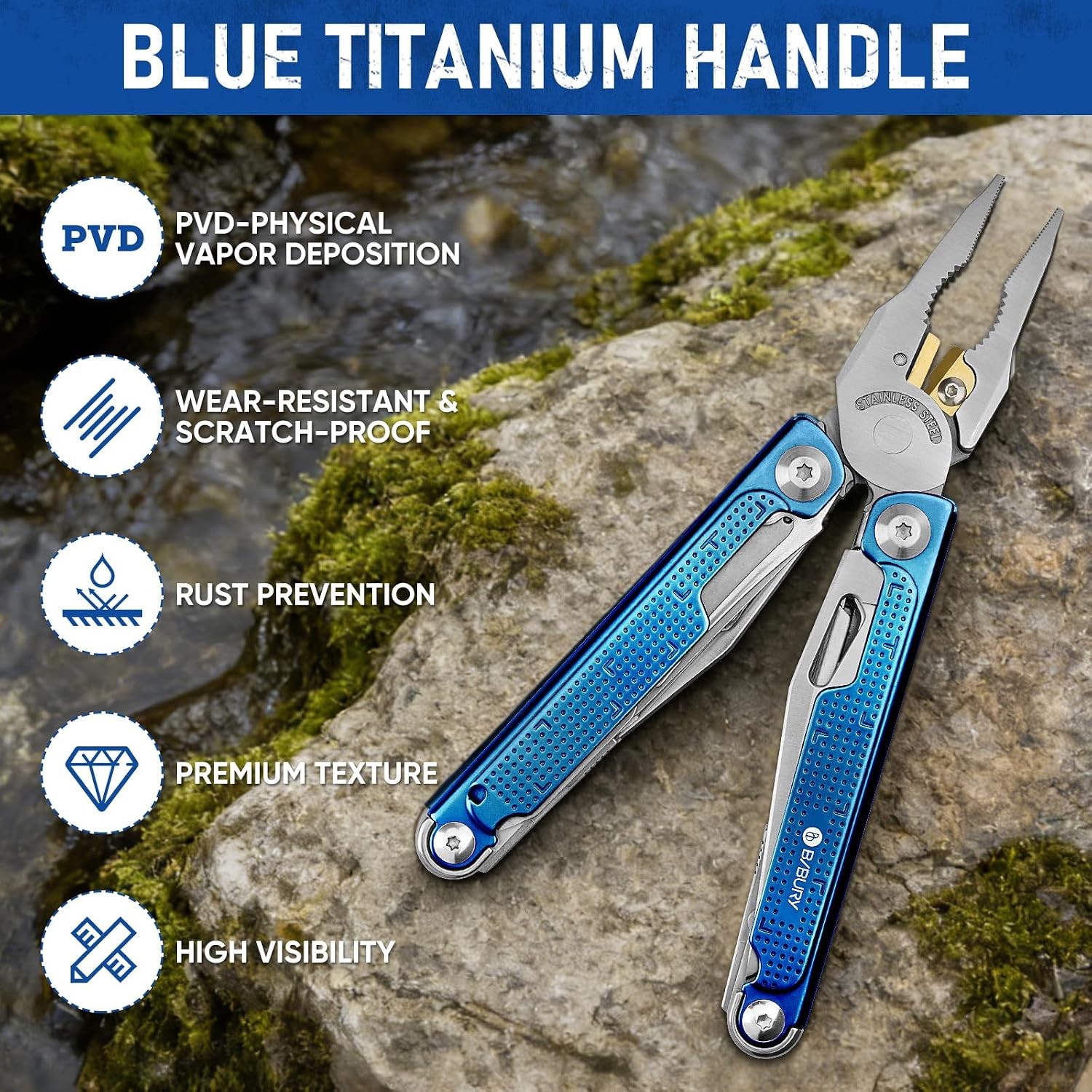 Multitool Pliers BI2049BL with Blue Titanium Handle, EDC Multi Tool