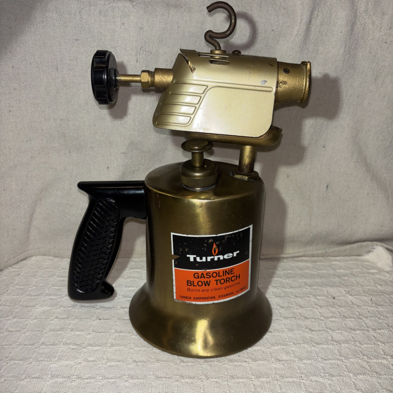 Vintage Turner Brass Blow Torch Sycamore IL  Resin Handle Antique Tool Very Nice