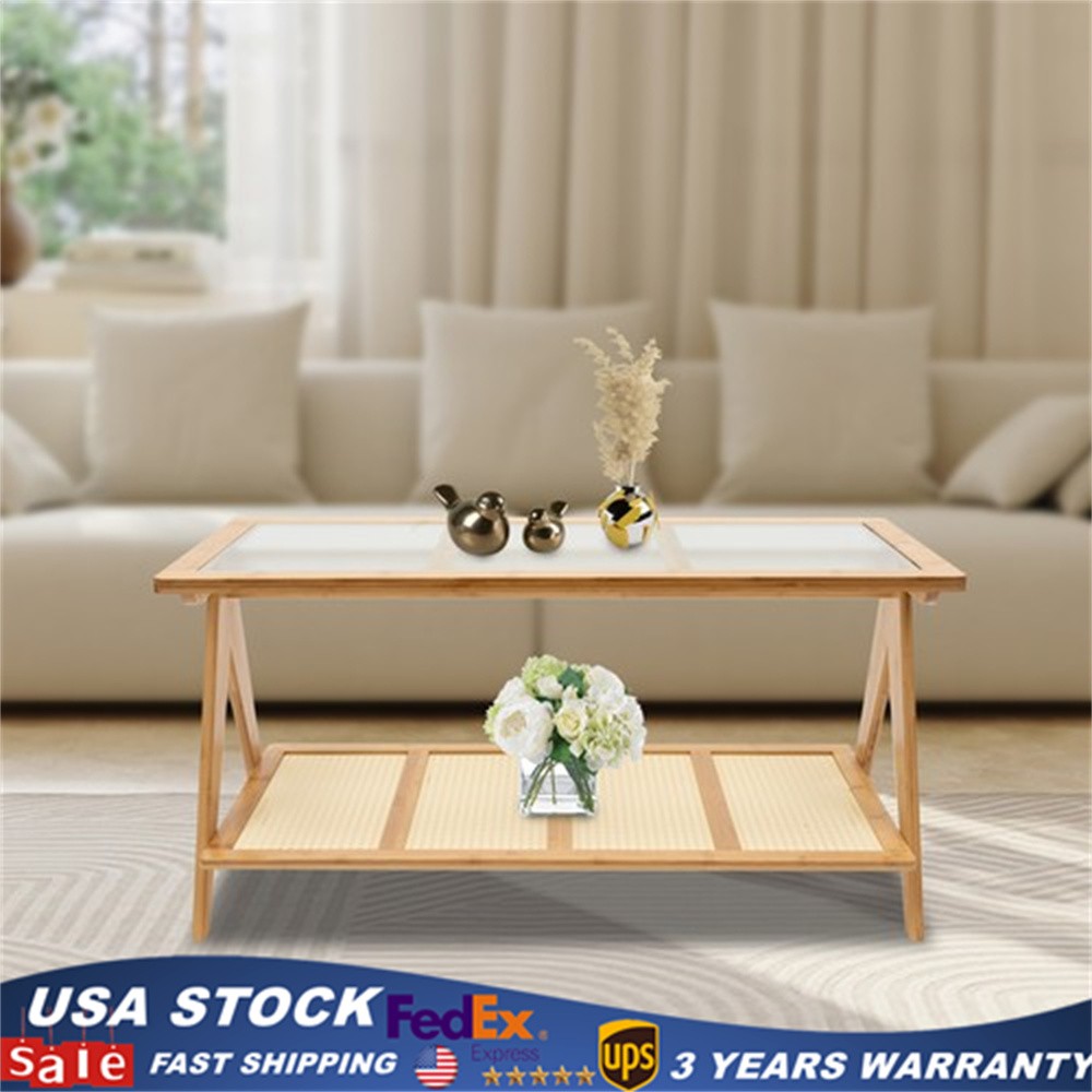 Living Room Coffee Table Glass Tabletop Modern Side Table with Lower Shelf Home