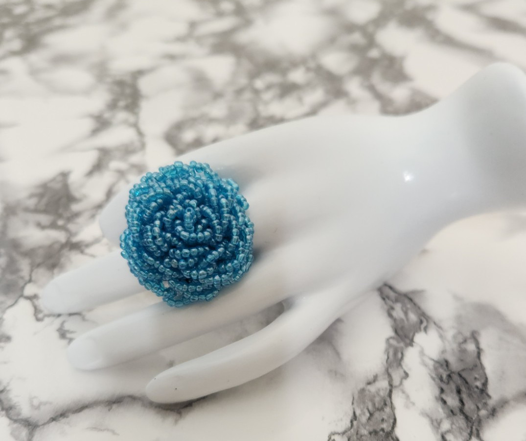 Peacock Blue Handmade Glass Seed Bead Cluster Ring Size 9