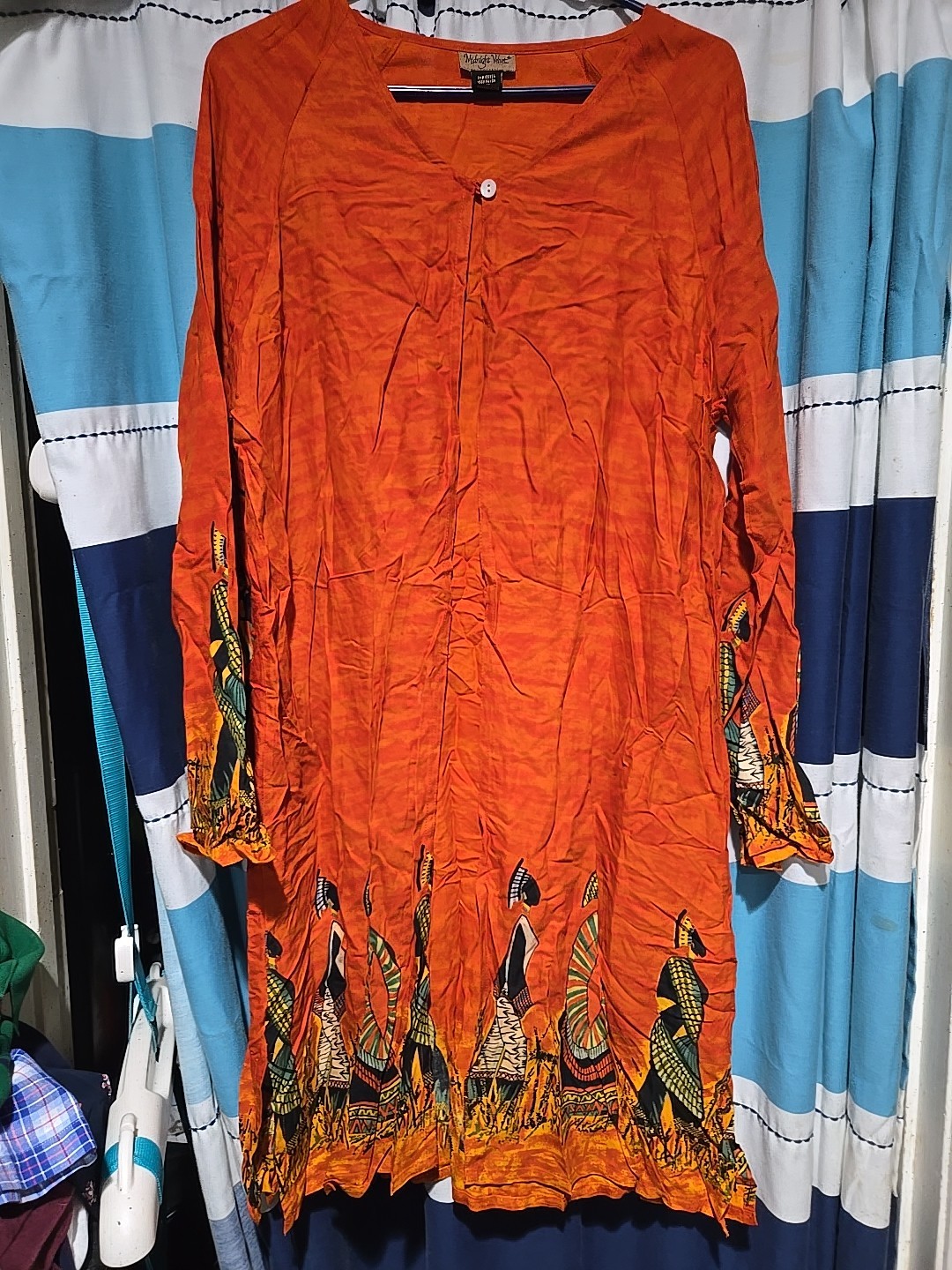 Orange coveup/jacket with Button Detail Lg Tribal Print 100%rayon
