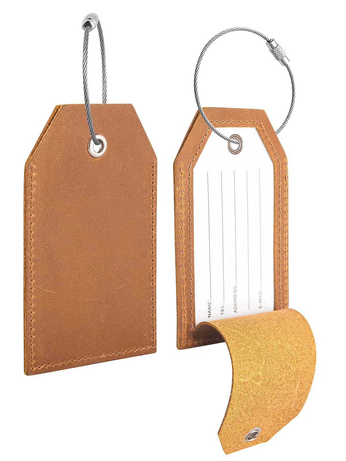 Genuine Leather Set of 2 Luggage Tag with Full Back Privacy Name ID Card Stai...