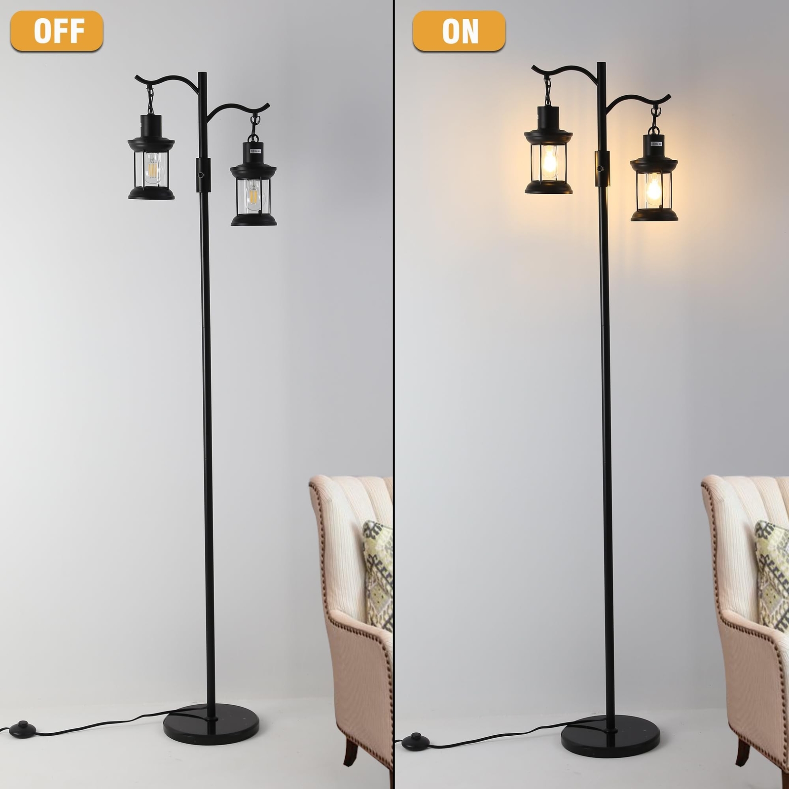 Vintage Dimmable Floor Lamp,2 Classical Lanterns Standing Lamp, Rustic Farmho...
