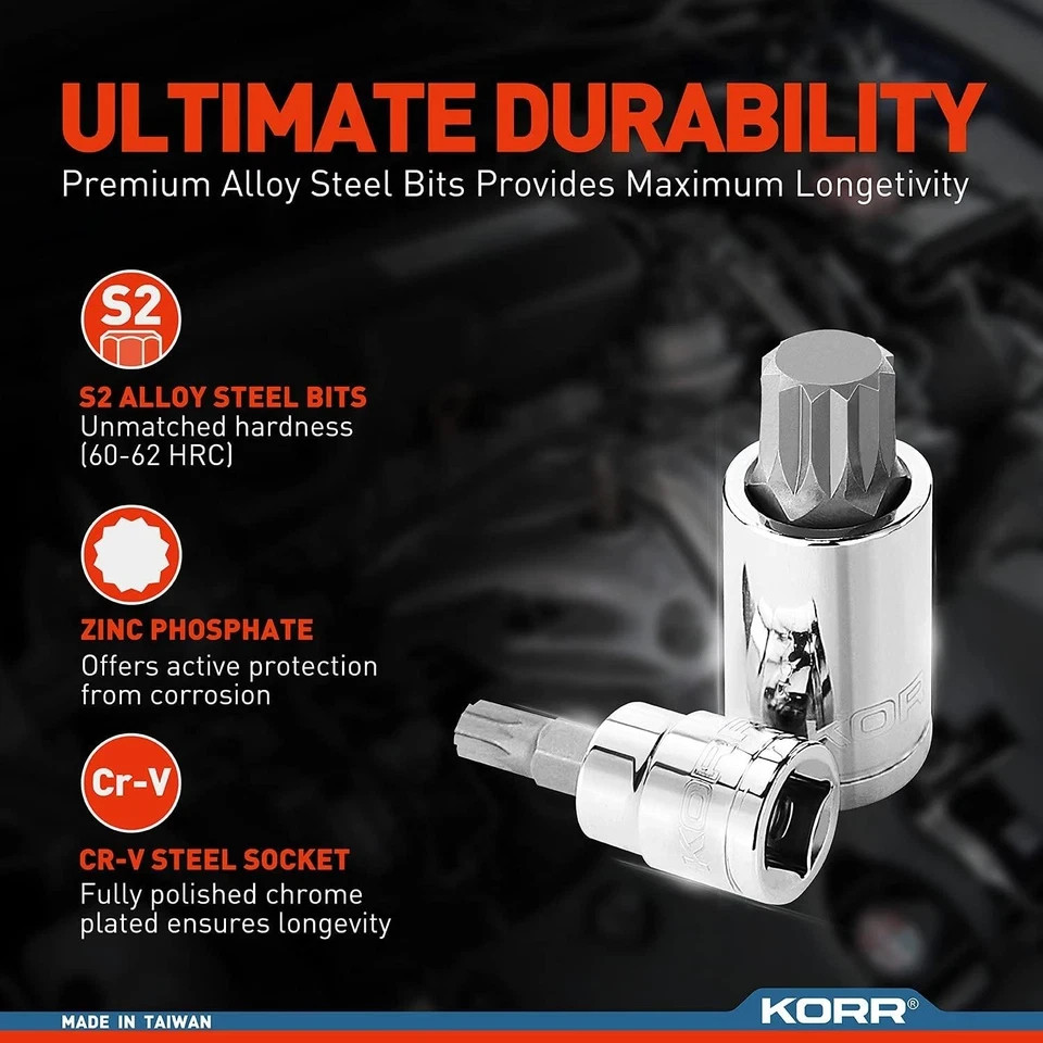 KORR Tools KSS009 10pc XZN Triple Square Spline Bit Socket Set One Size