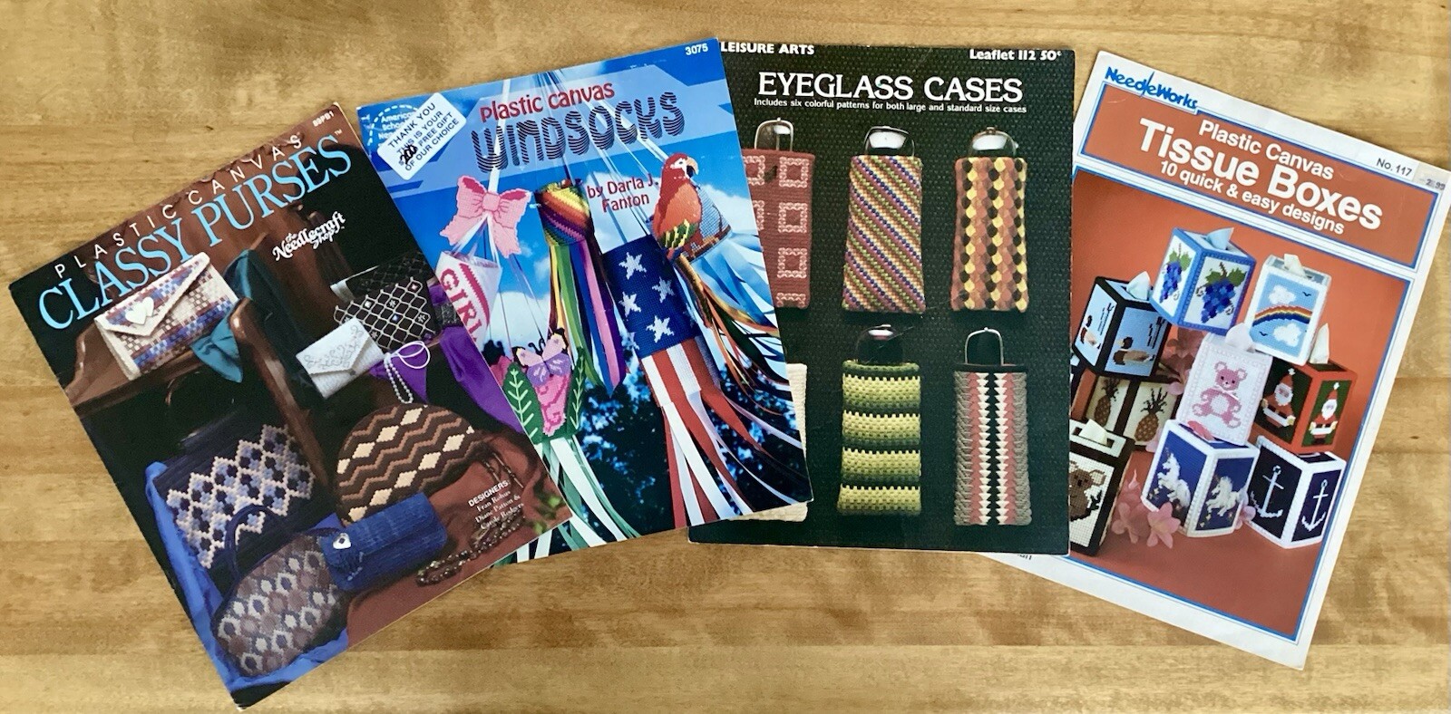 Lot of 4 VTG Craft Booklets: Yarn Needlework On Plastic Canvas, 70’s, 80’s, 90’s