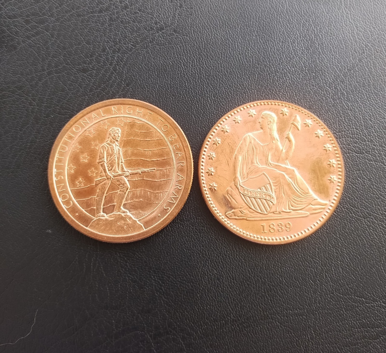 (2) 1 Oz. Solid .999 Fine Copper Rounds 2nd Amendment Seated Liberty 2 coin lot