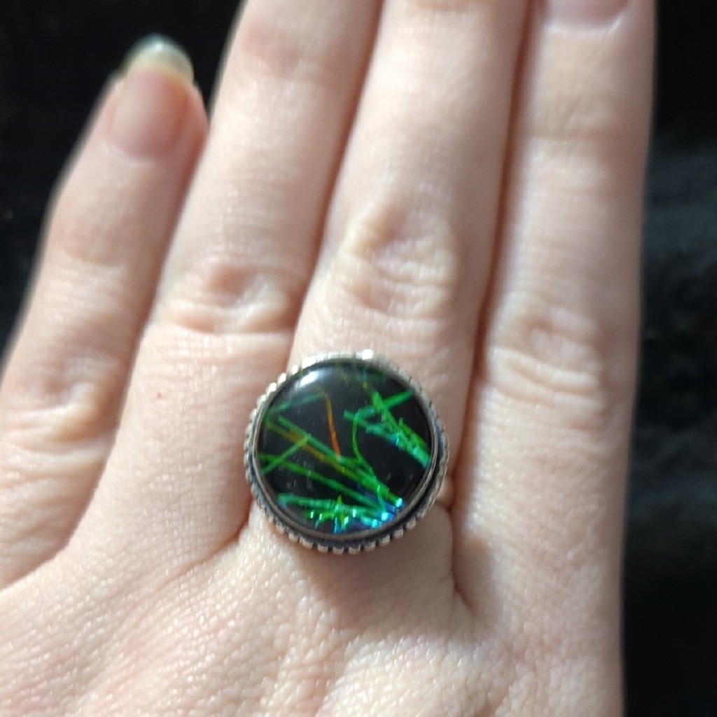 Silver Plated Black Australian Triplet Opal Gemstone Round Statement Ring 8.5-11