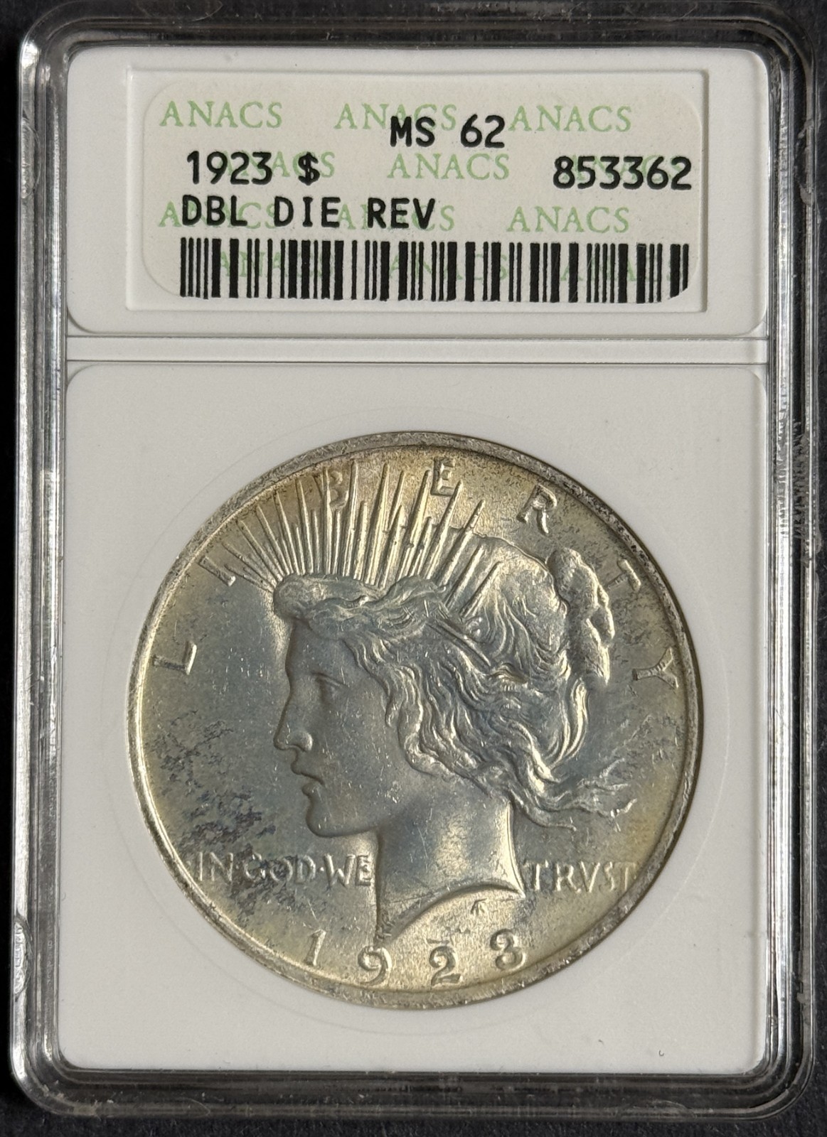 1923 Peace Silver Dollar, MS63 ANACS, (12428), Old Soap Box Holder