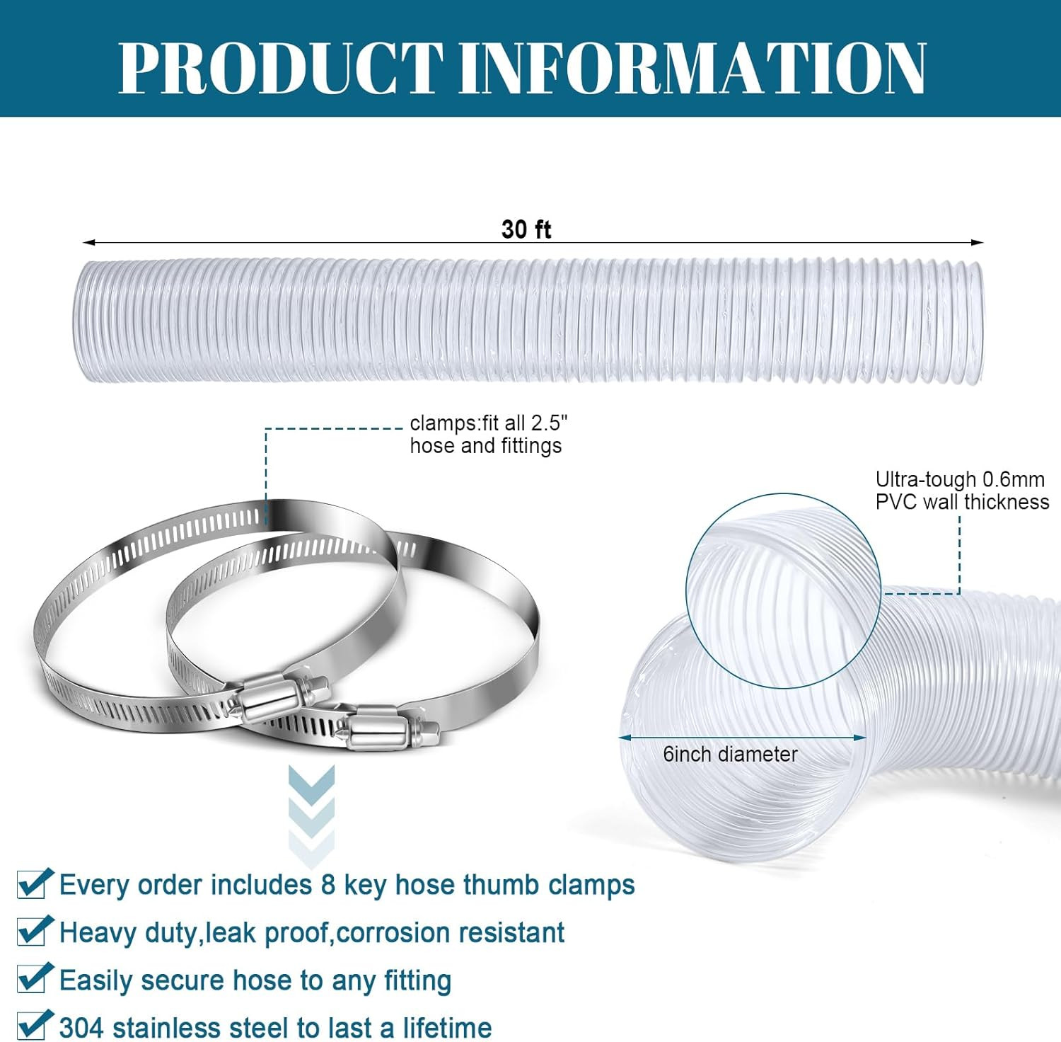 6 Inches 30 Ft PVC Dust Collection Hose with Stainless Steel Clamps Set Flexible