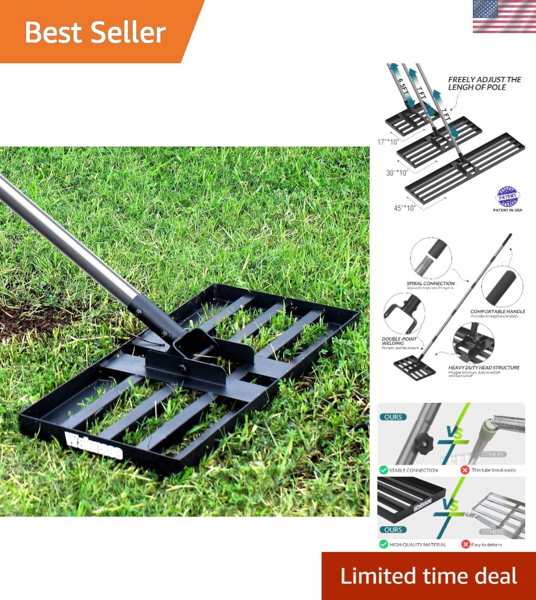 Heavy-Duty Lawn Leveling Rake 17x10 with 6.5FT Steel Handle for Beautiful Lawns
