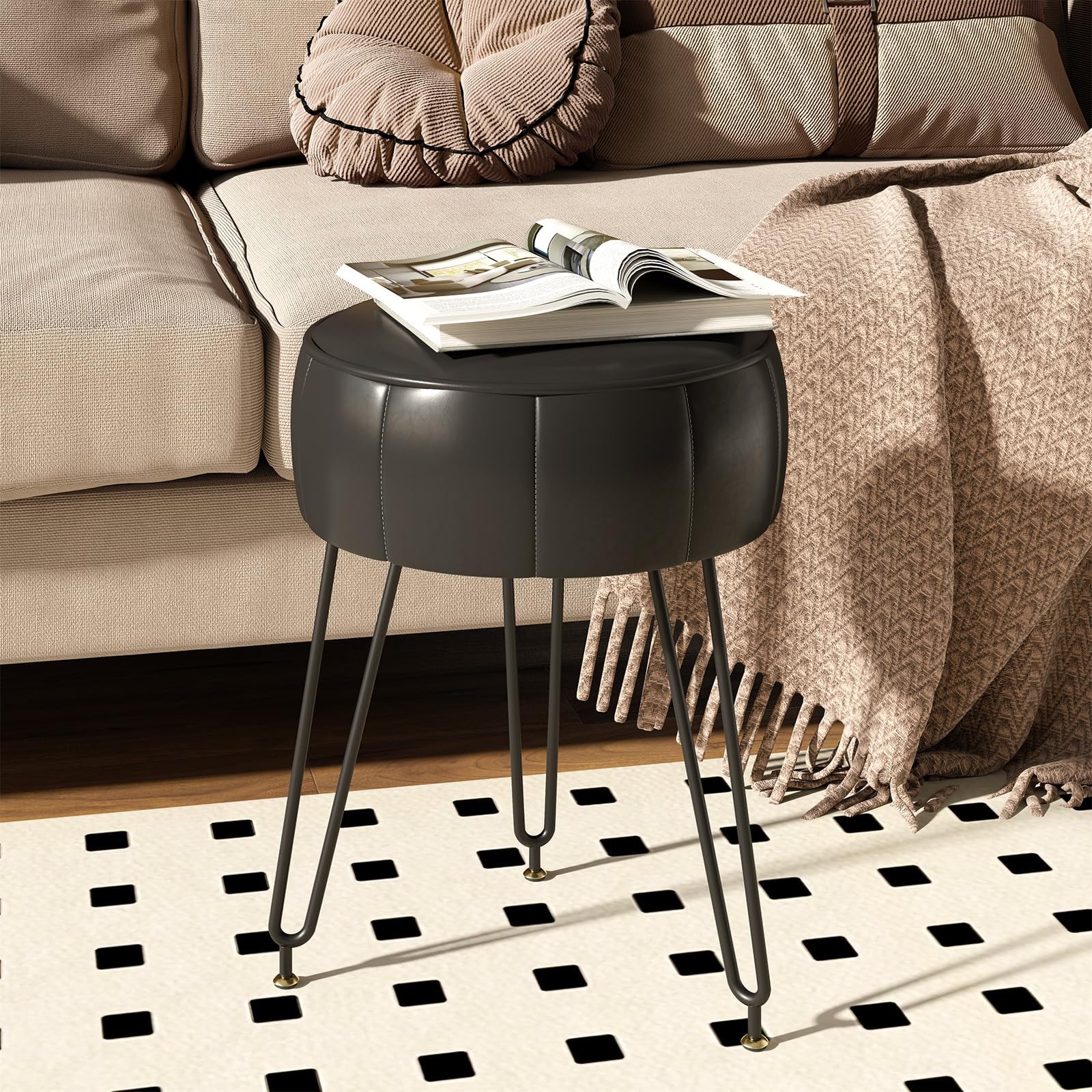 Vanity Stool, Pumpkin Style Faux Leather Pouf, Modern Multifunctional Make-up...