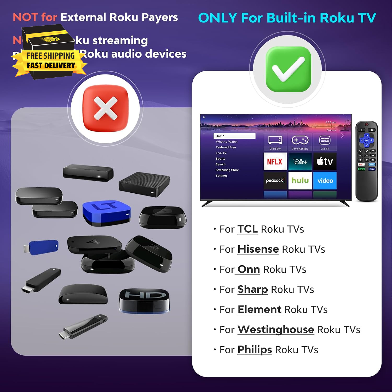 For Roku-Tv-Remote-Replacement,Universal Control for TCL,ONN, Hisense Roku Tvs(T