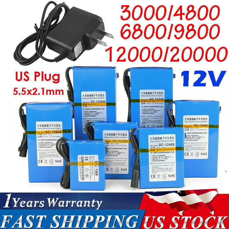 12V DC Rechargeable Lithium-ion Battery Portable Battery Pack w/ Charger Switch