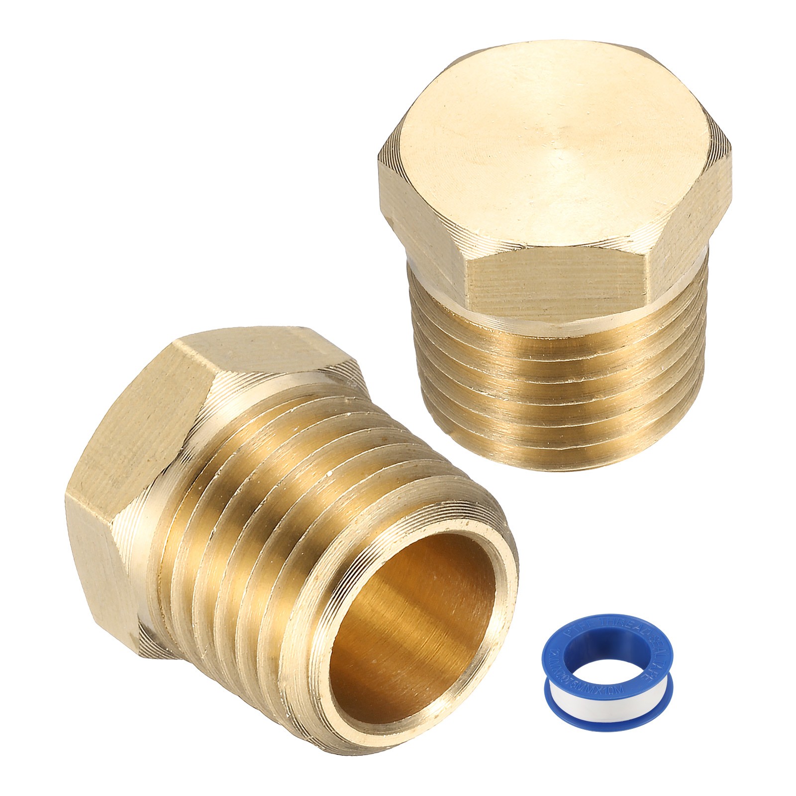 2pcs Brass Pipe Fitting Hex Head Plug 1/4" NPT with PTFE Tape, Gold Tone