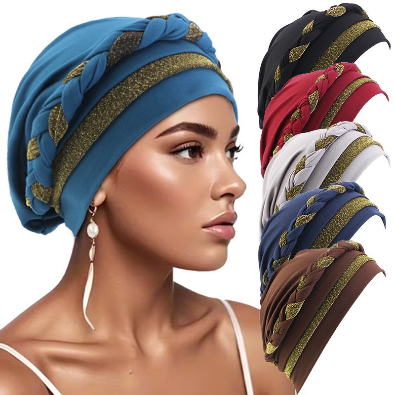 Muslim Women Bonnet Turban Hijab Sequin Braids Hat African Head Scarf Chemo Caps