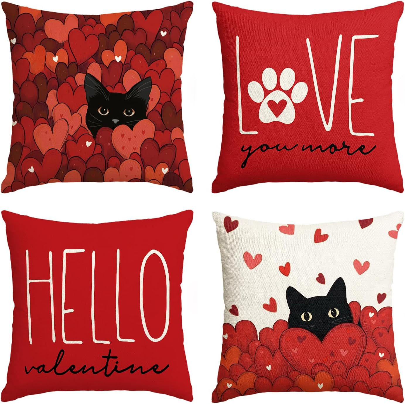 Hello Valentine Red Heart Throw Pillow Covers, 18 X 18 Inch Love You More Black