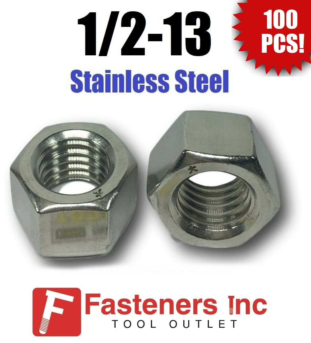 (Qty 100) 1/2-13 Stainless Steel Finished Hex Nuts 304 / 18-8