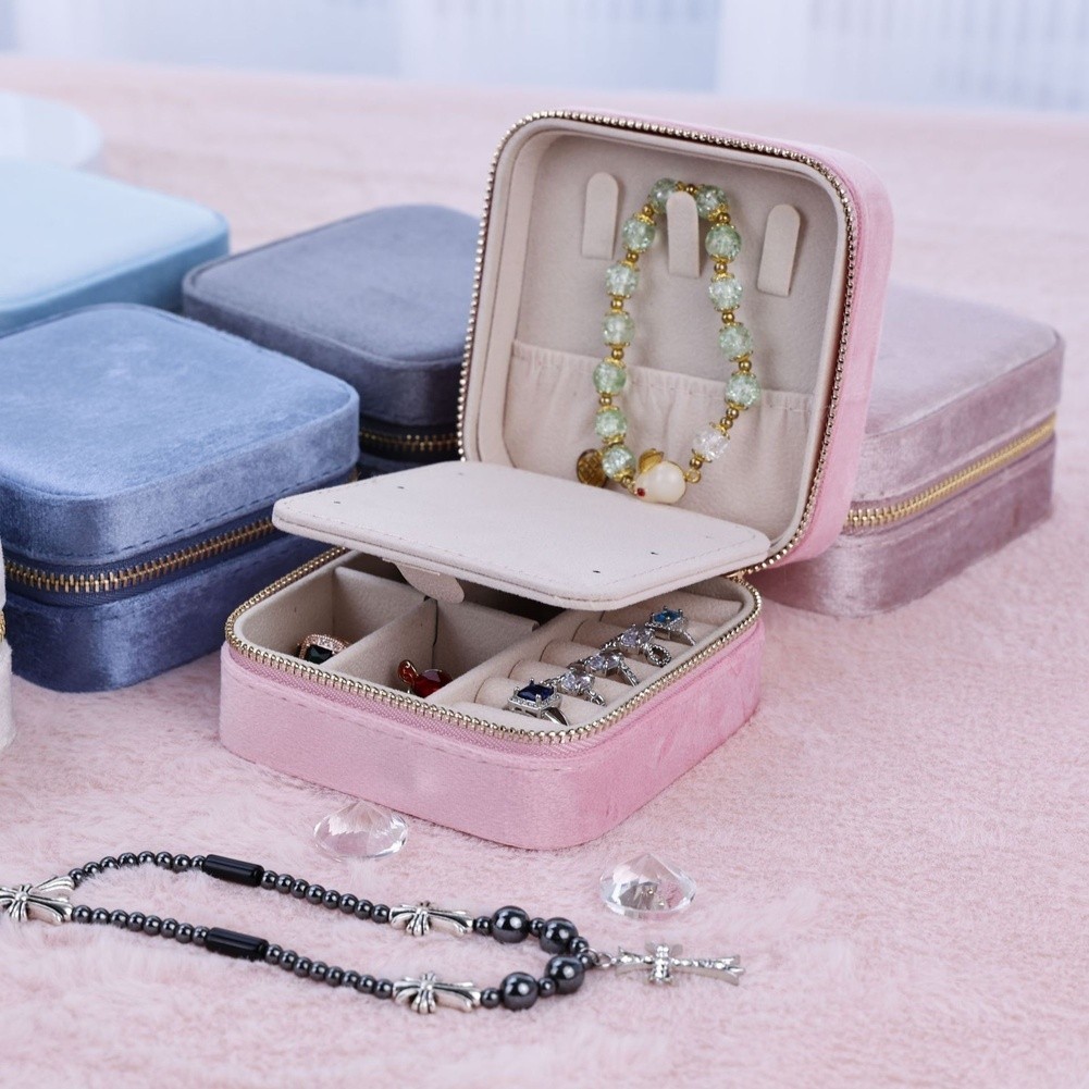 Portable Velvet Jewelry Box Compact Travel Friendly Square Storage with Zipper