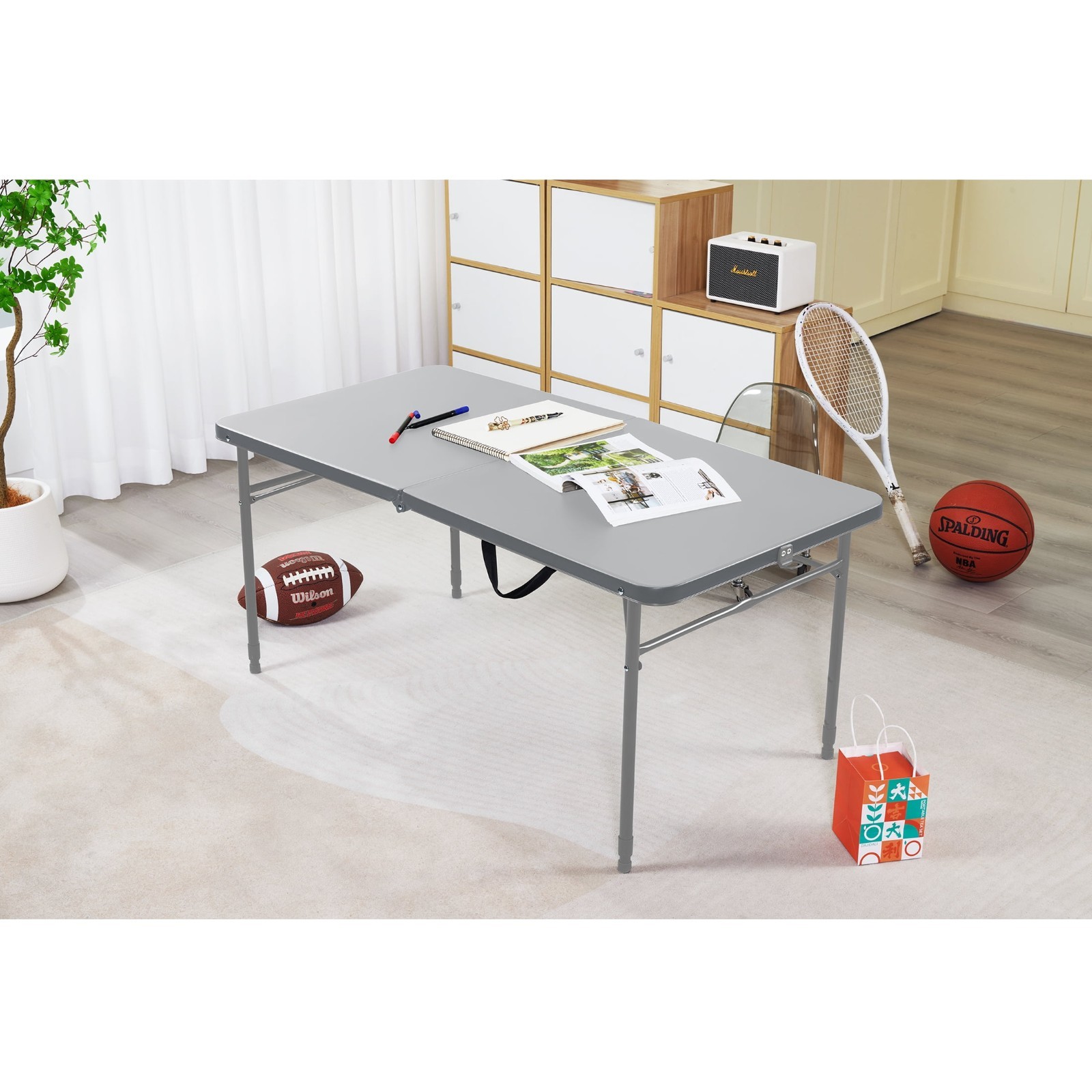 Mainstays 4 Foot Fold-in-Half Adjustable Folding Table, Gray