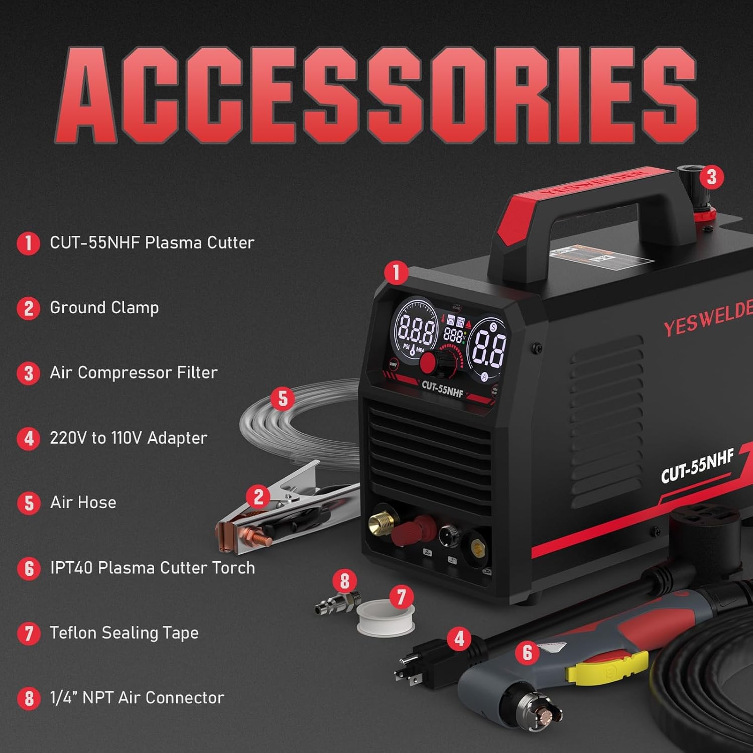 55A Dual Voltage Plasma Cutter with Large Digital Display, Non-HF Pilot Arc