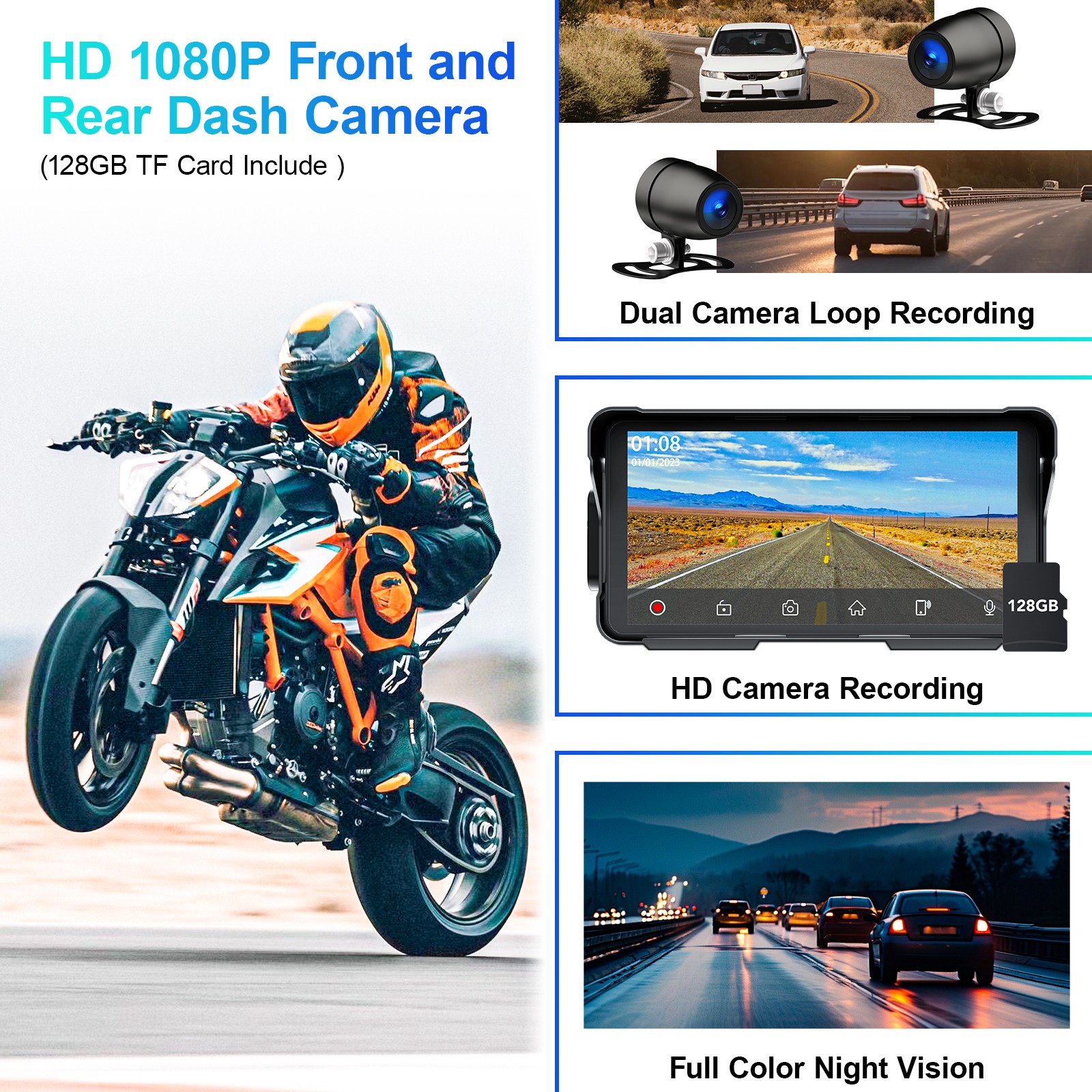 5.5" Motorcycle Carplay Screen Wireless Android Auto Dash Cam TPMS Touchscreen