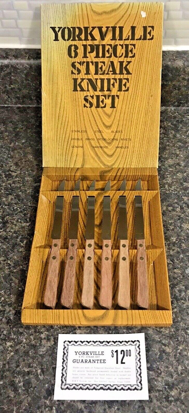 Vintage Yorkville 6 Piece Steak Knife Set Stainless Steel & Hardwood Handles NOS