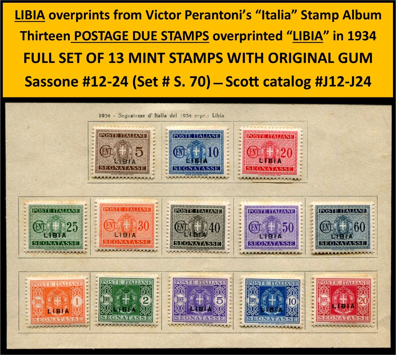 ITALY 1934 LIBIA 13 POSTAGE DUE STAMPS SCOTT #J12-J24 SASSONE #12-24 MINT/OG /B1