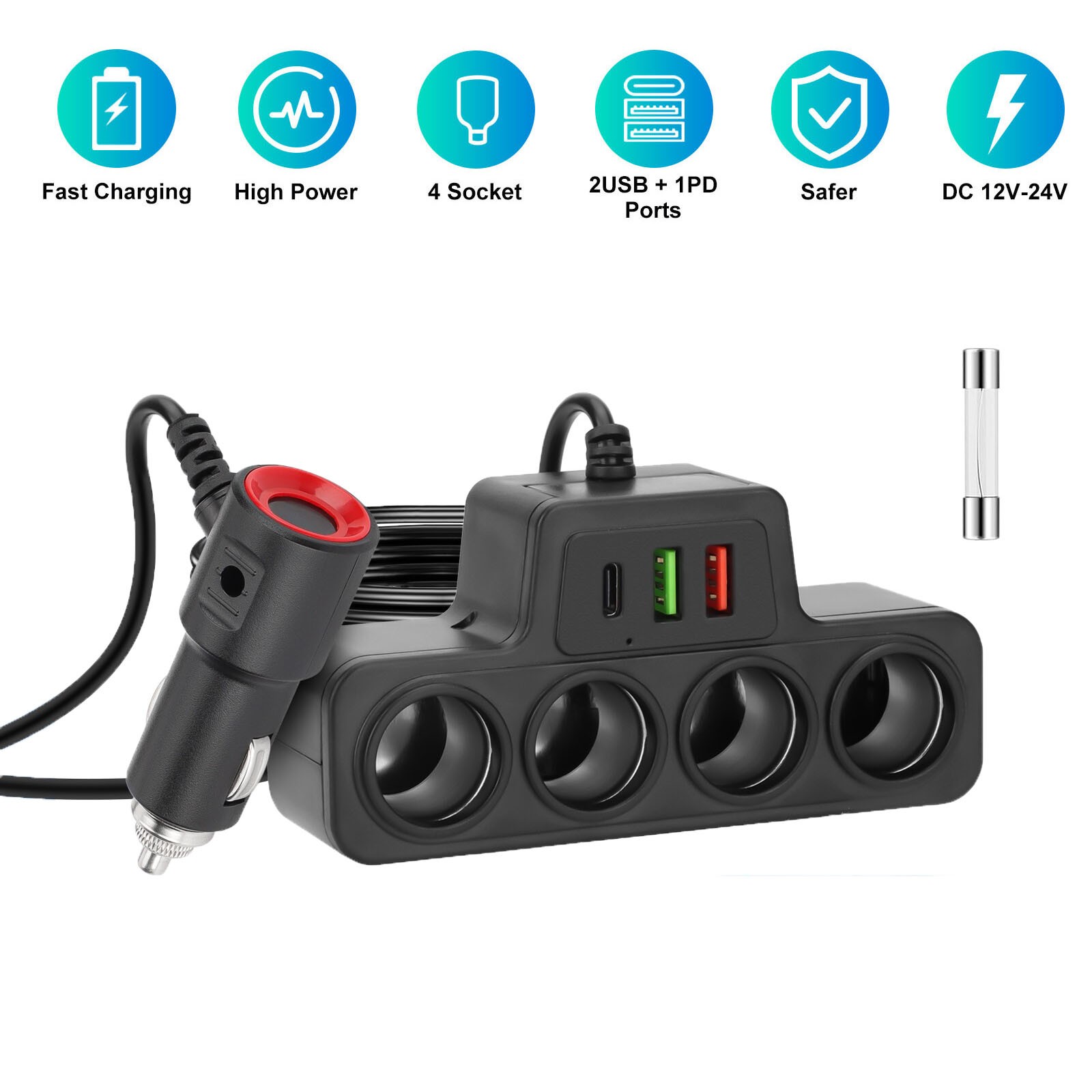 12V-24V 4 Way Car Cigarette Lighter Socket Splitter USB PD Charger Power Adapter