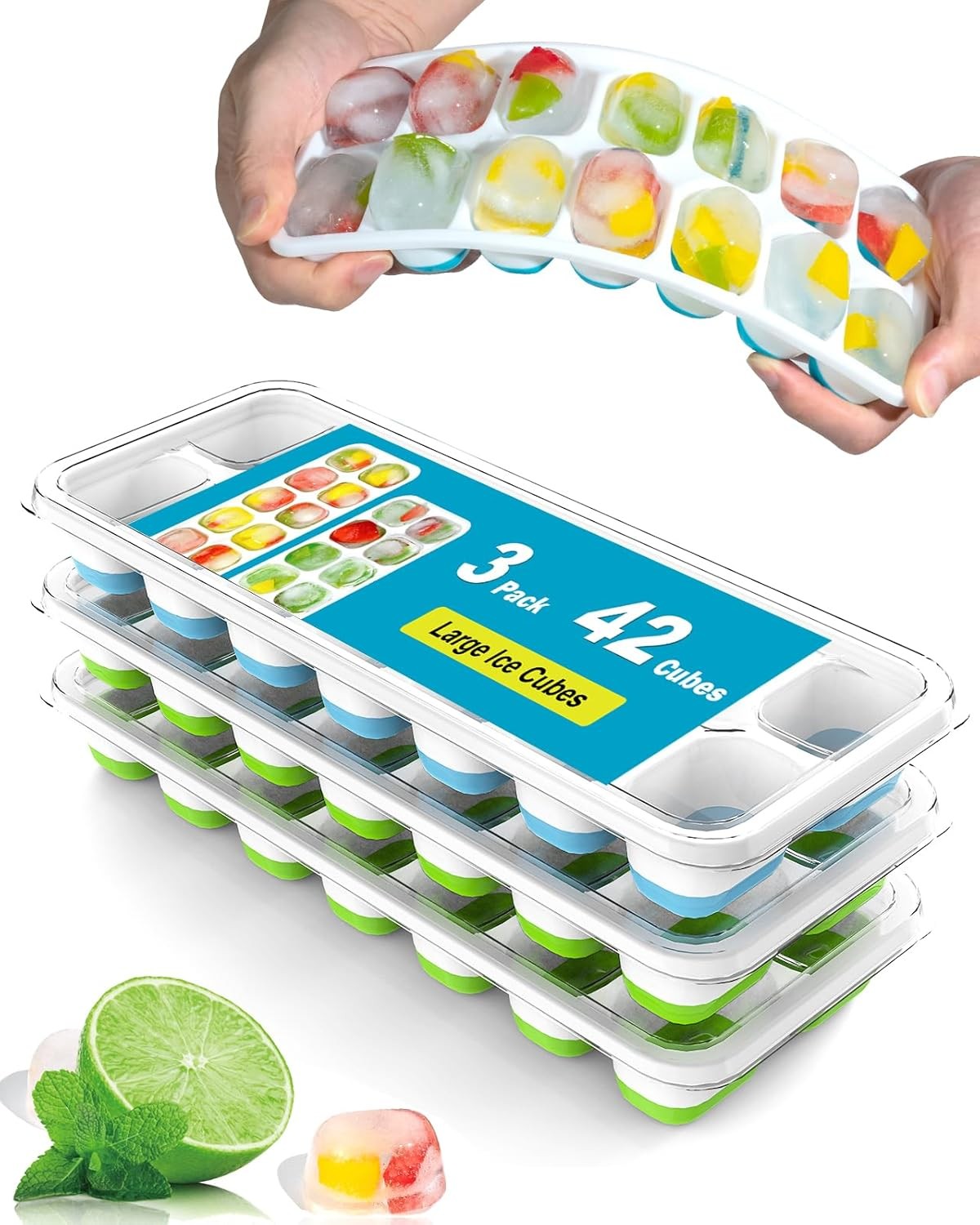 3 Pack Ice Cube Trays W/ Lids Flexible Silicone Bottom Easy Release Stackable