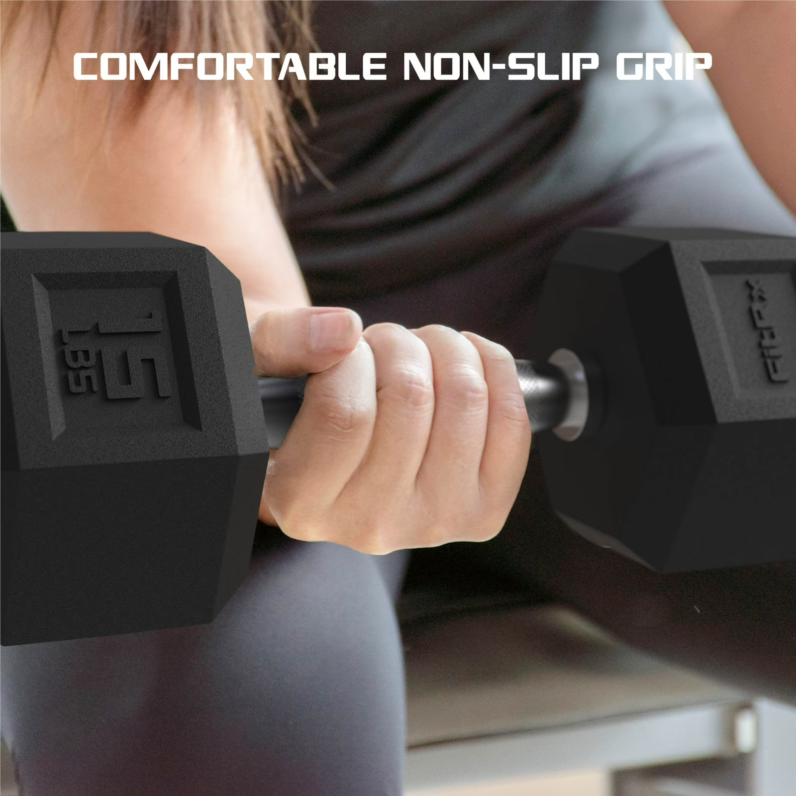 FitRx 50lb Rubber Hex Dumbbell Solid Steel Handle Durable Rubber Coating Single