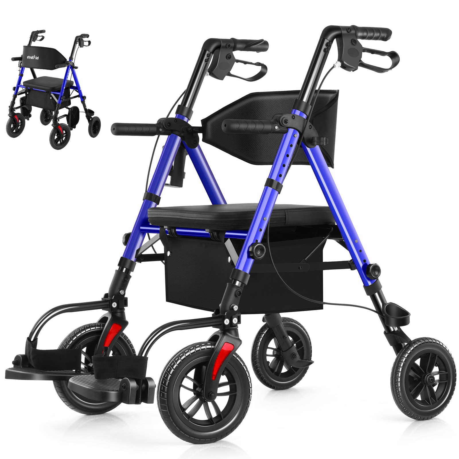 StrollAid 2in1 Rollator Walker & Transport Chair with Seatbelt, All-Terrain 10"