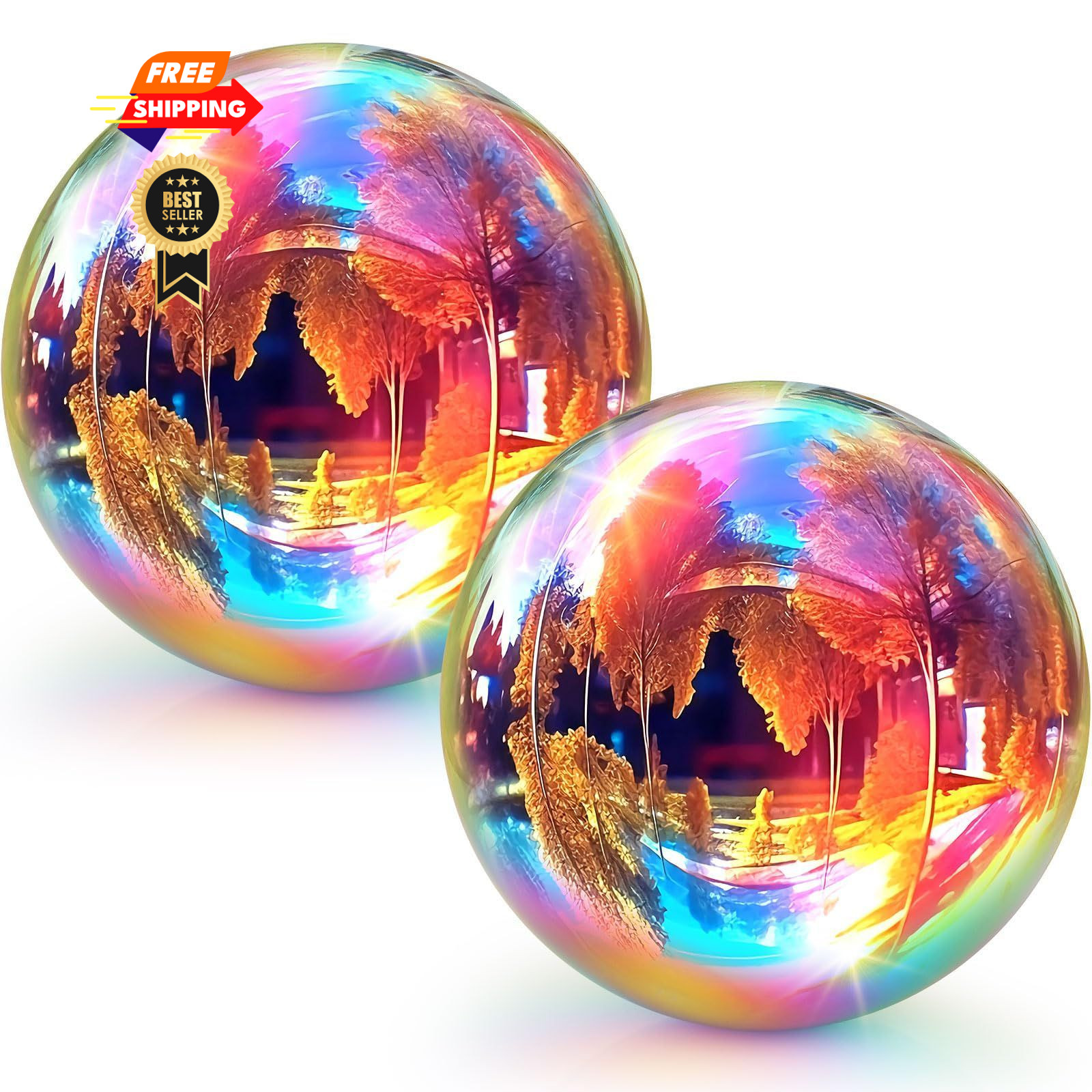 Suzile 2 Pieces Gazing Ball Hollow Mirror 10 Inch, Rainbow