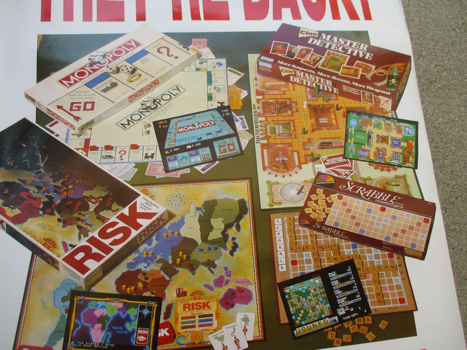 Vintage Computer Game Poster Classic Risk Monopoly Scrabble Master Detective ‘89