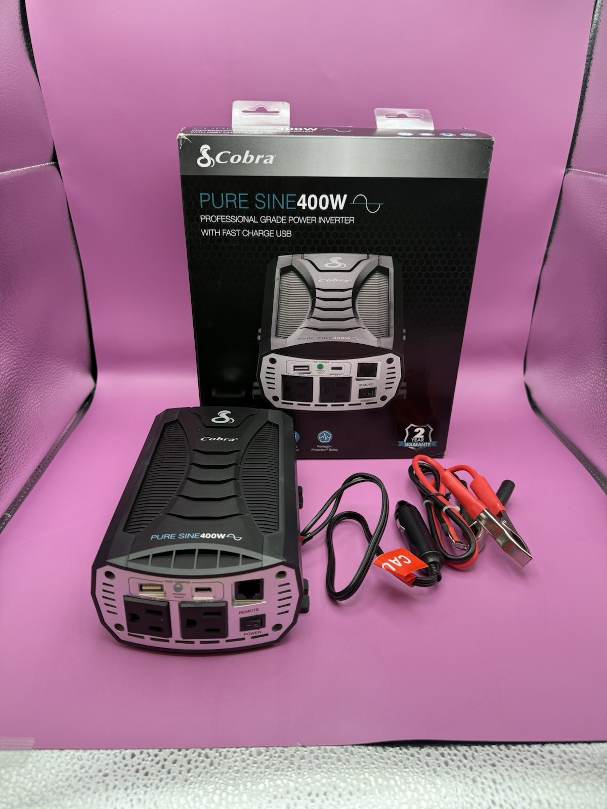 Cobra PURE SINE 400W Power Inverter, 400 Watt Car Charger, 2 Grounded AC Outlets