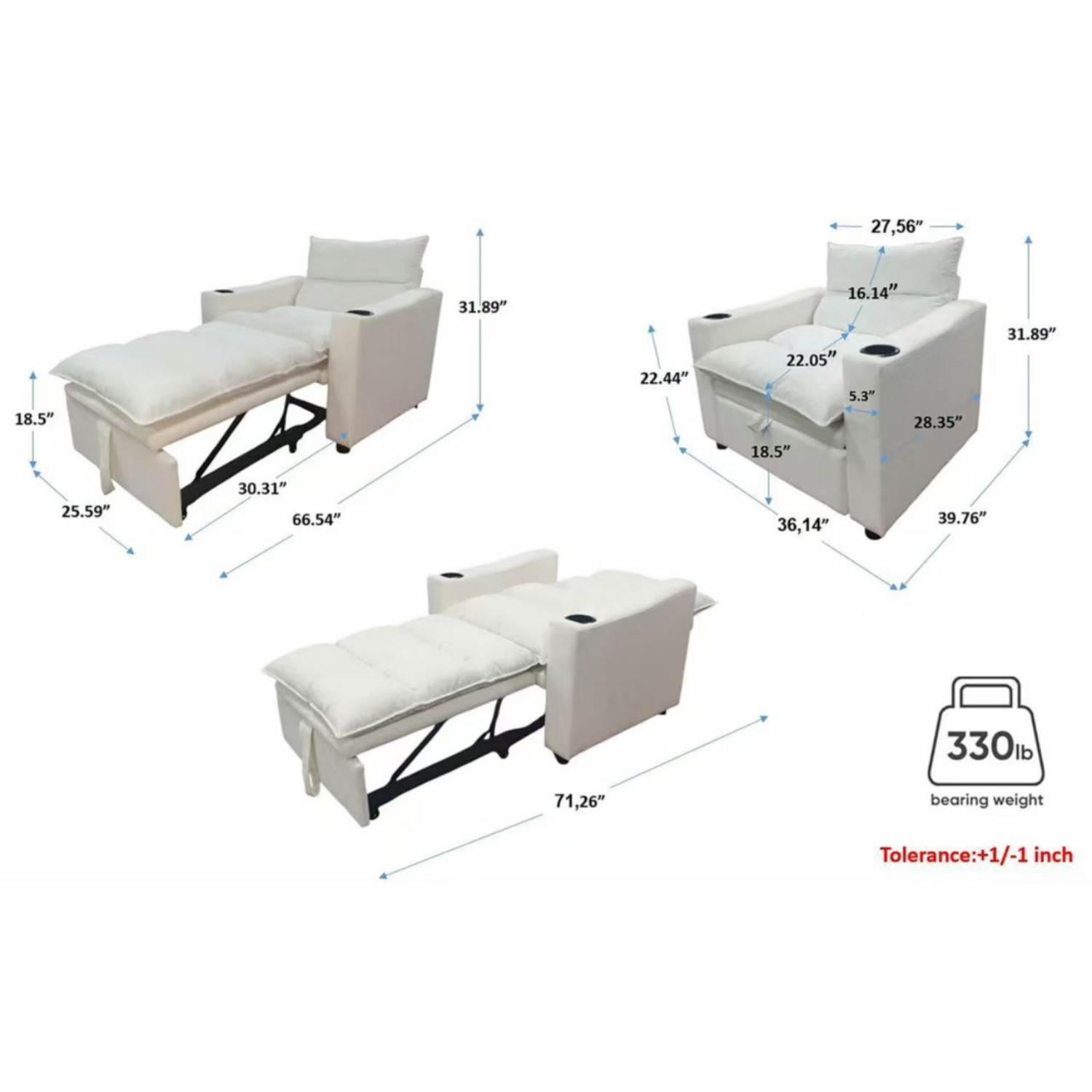 3 in 1 Convertible Sofa Bed Modern Velvet Folding Adjustable Sleeper Sofa Chairs