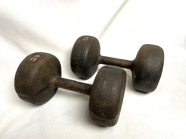 2 Vintage YORK 30 lbs Pound Cast Iron Barbell Set Dumbbell Weight Pair Old