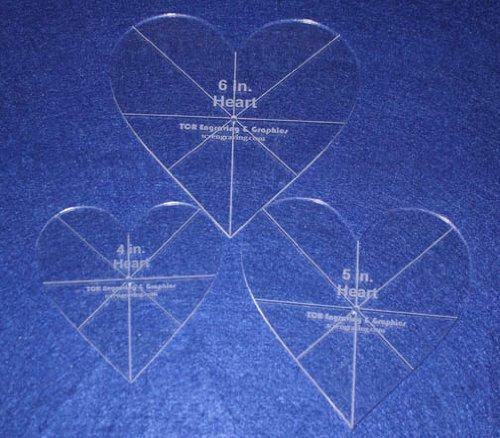 Heart Template 3 Piece Set. 4,5,6 Inches - Clear 1/8 Inch Thick w/ guidelines