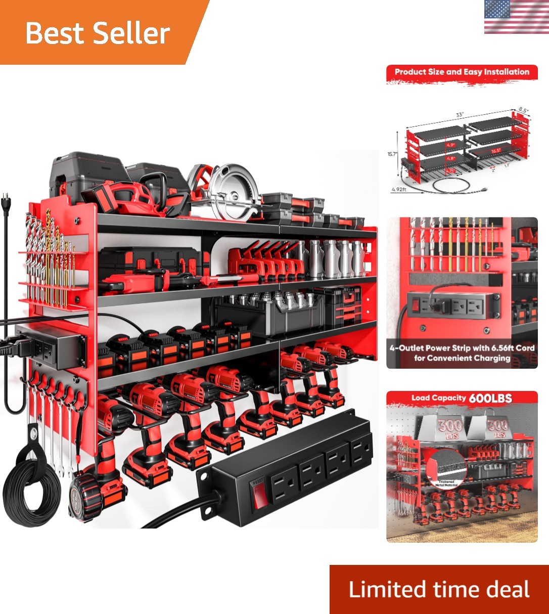 Large Power Tool Organizer Wall Mount with Charging Station,4 Layer Heavy Dut...