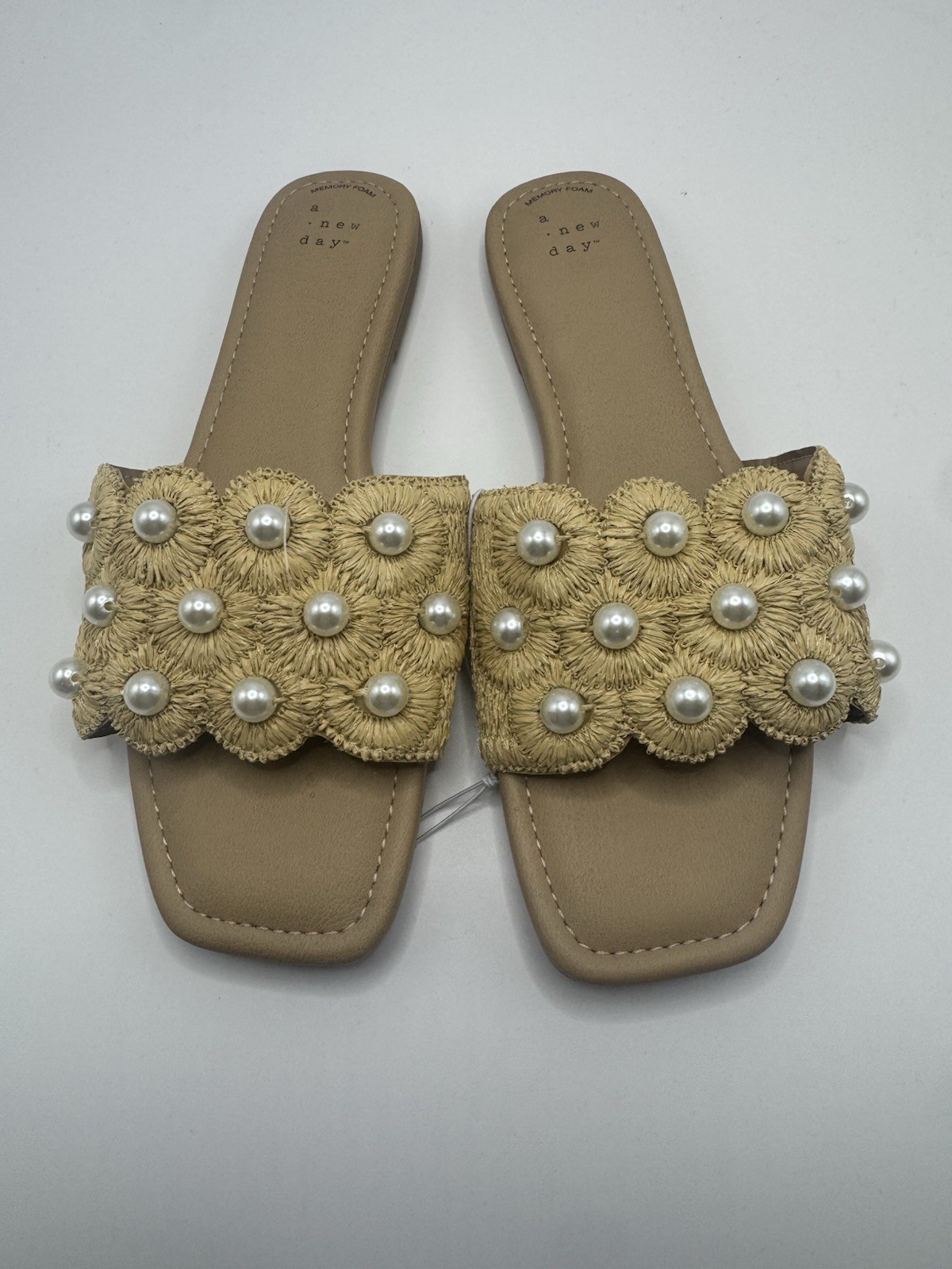 A New Day Women's Beige Flat Sandals Beaded Slip On Memory Foam Size 9