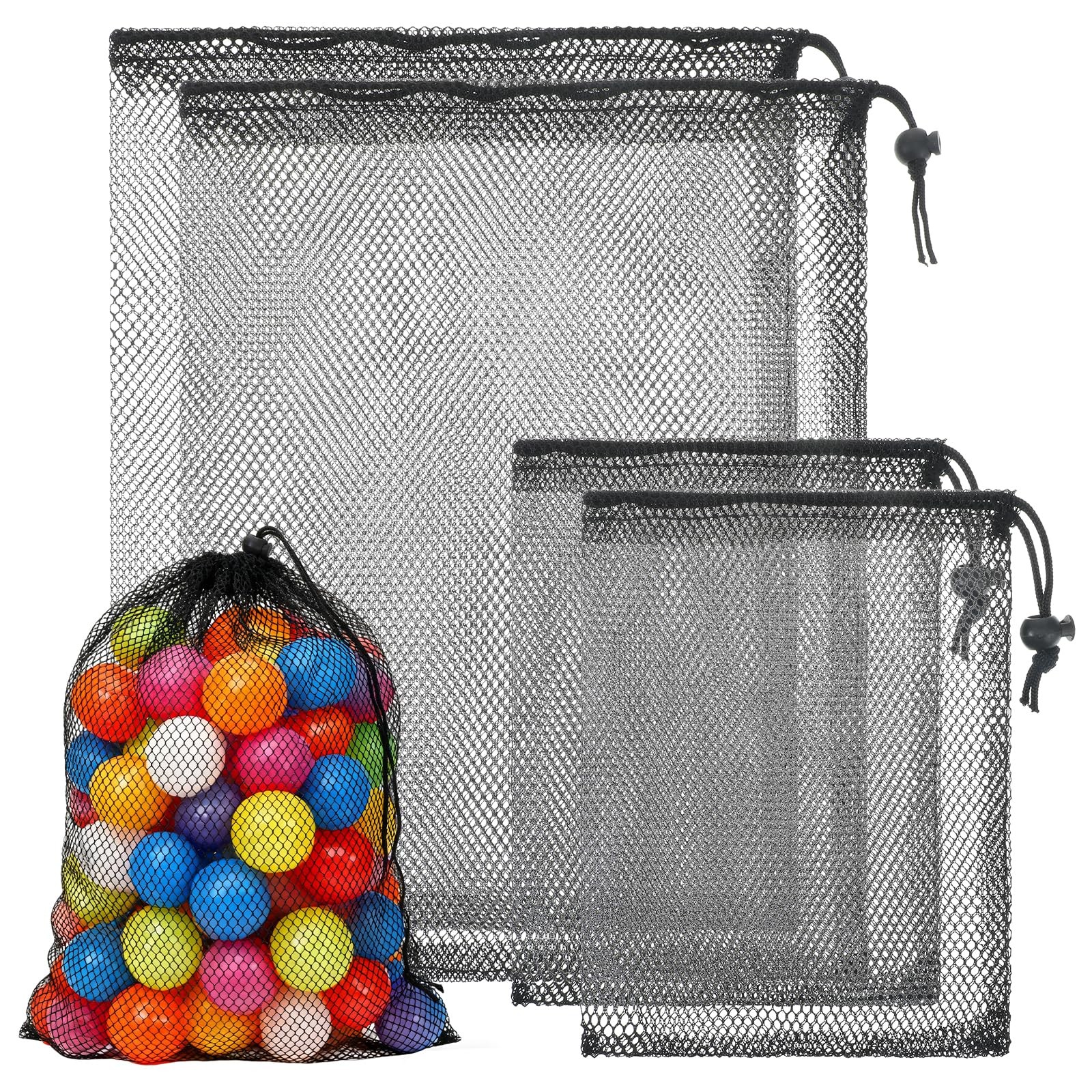 4 PCS Mesh Drawstring Bag, Black Nylon Mesh Ball Bag, Multipurpose Storage Bags
